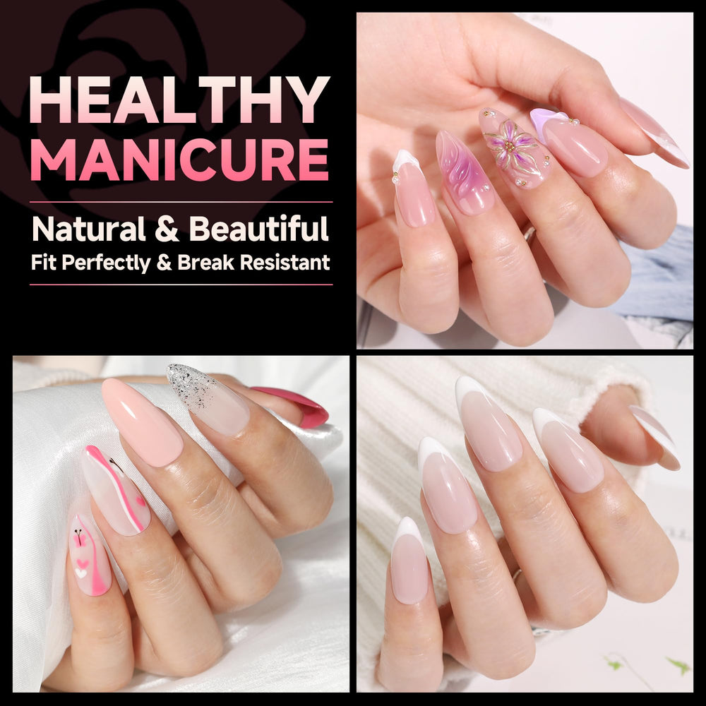 UNA GELLA almond nail tips adhesion detail demonstrates easy extensions.