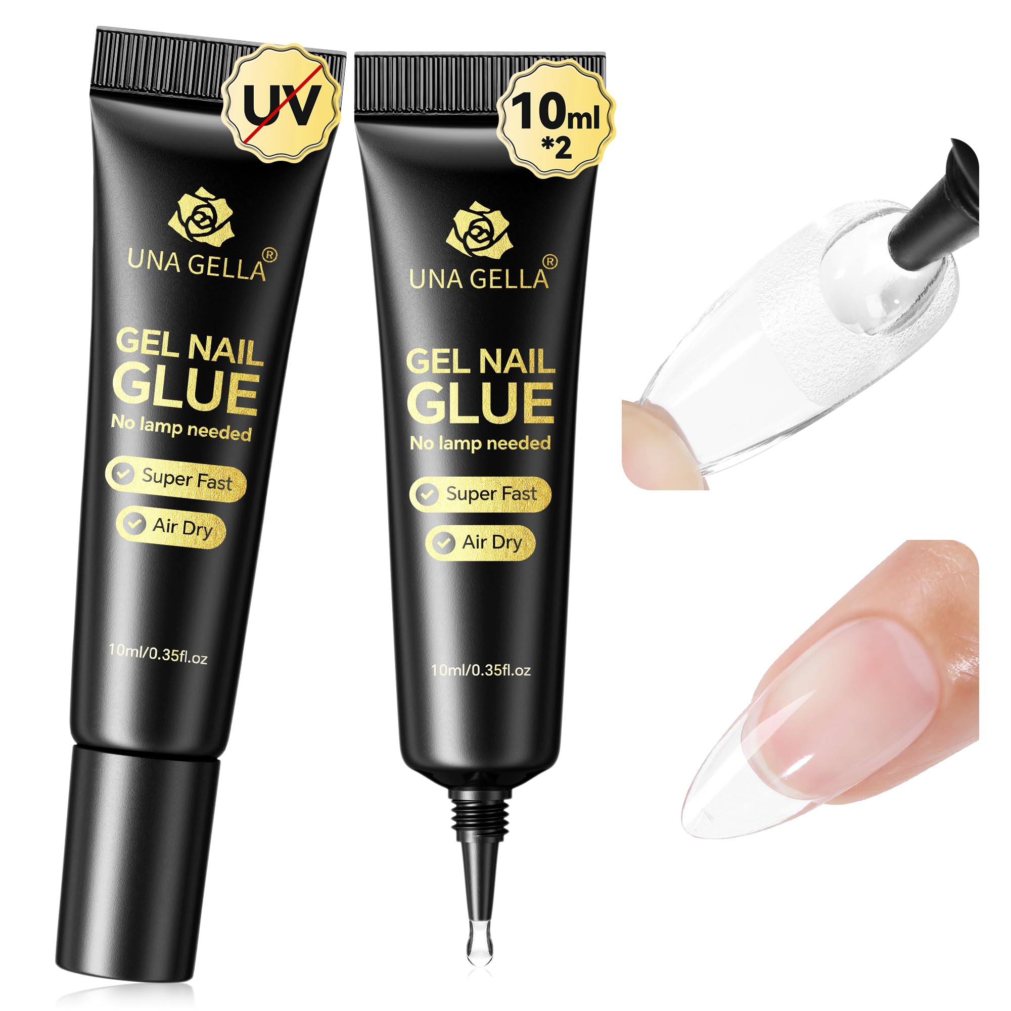 UNA GELLA bottle cap close-up shows air-dry no lamp formula for nails