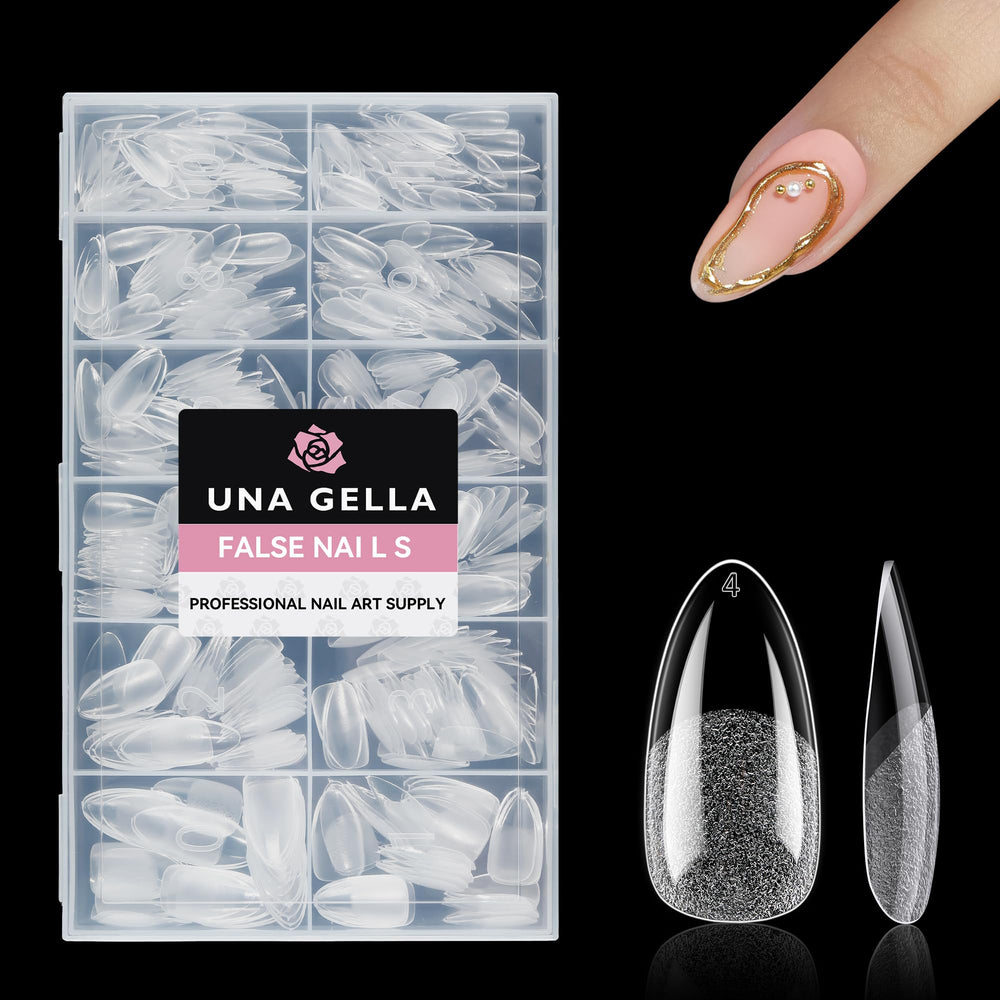 UNA GELLA almond tips for Christmas art and DIY nail designs.
