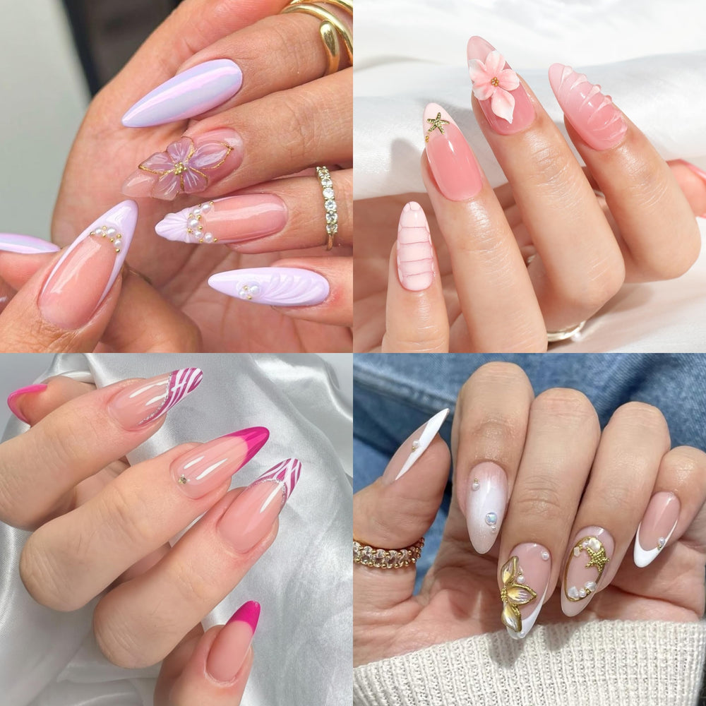 UNA GELLA clear almond gel tips with glossy color-ready surface.