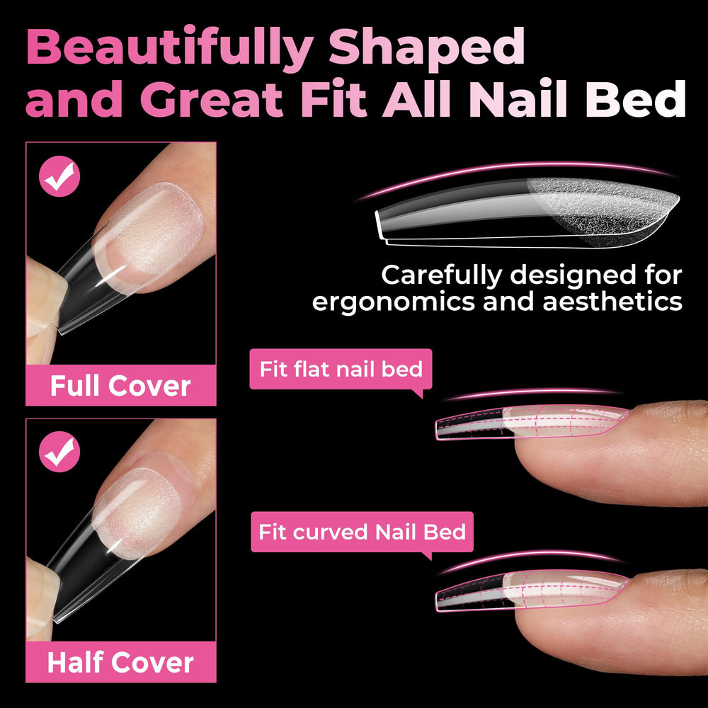 UNA GELLA clear coffin tips create a seamless base for nail art.