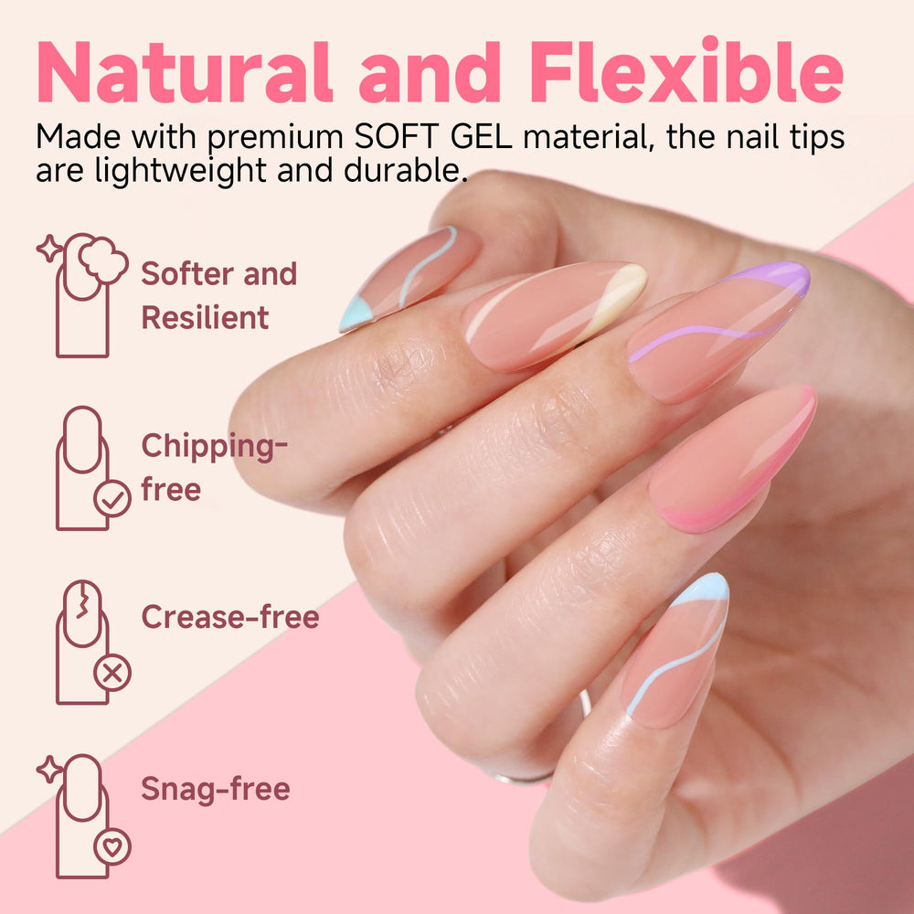 UNA GELLA almond tips clear cover ideal for natural-looking color under polish.