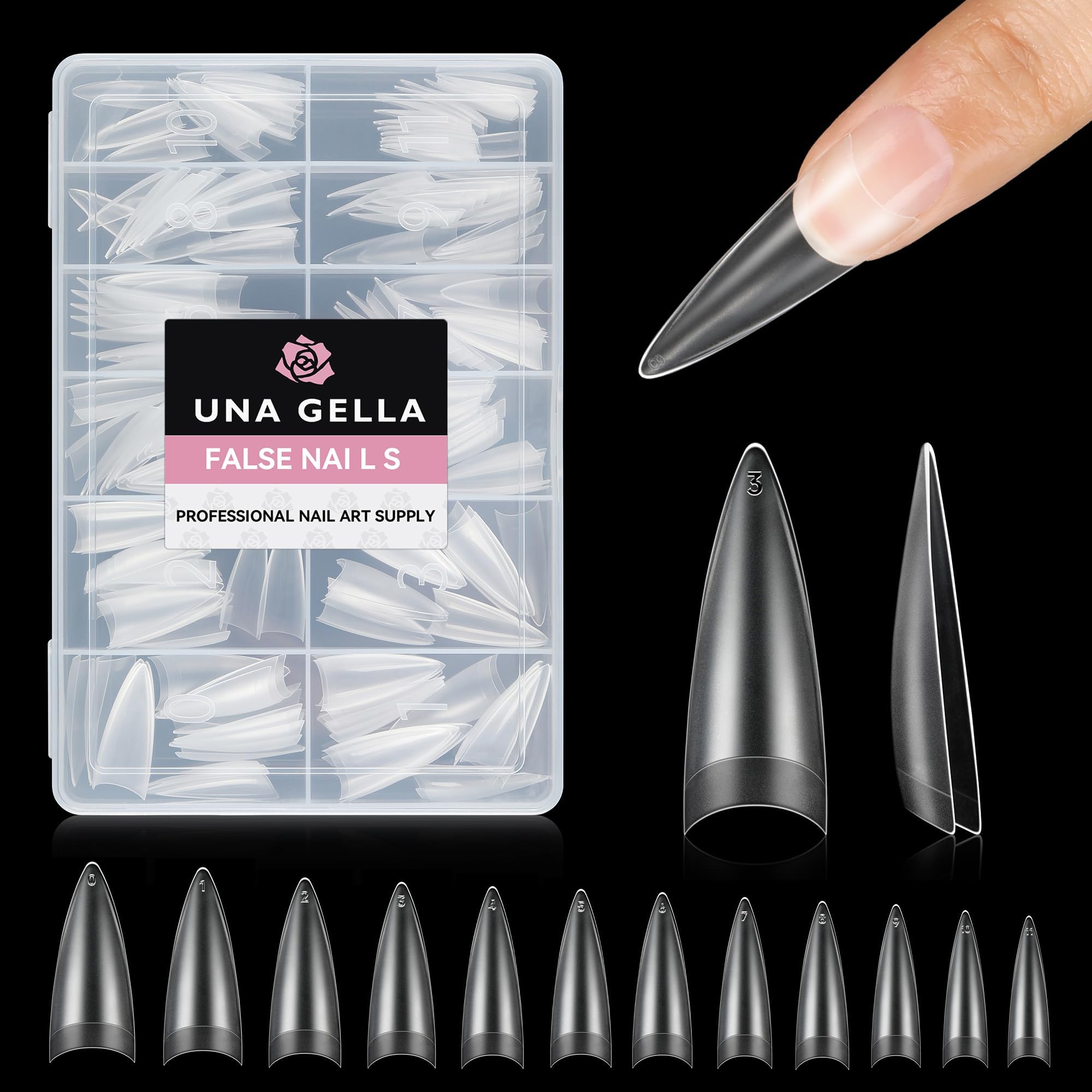 UNA GELLA clear stiletto half-cover tips for quick, durable gel nail extensions.