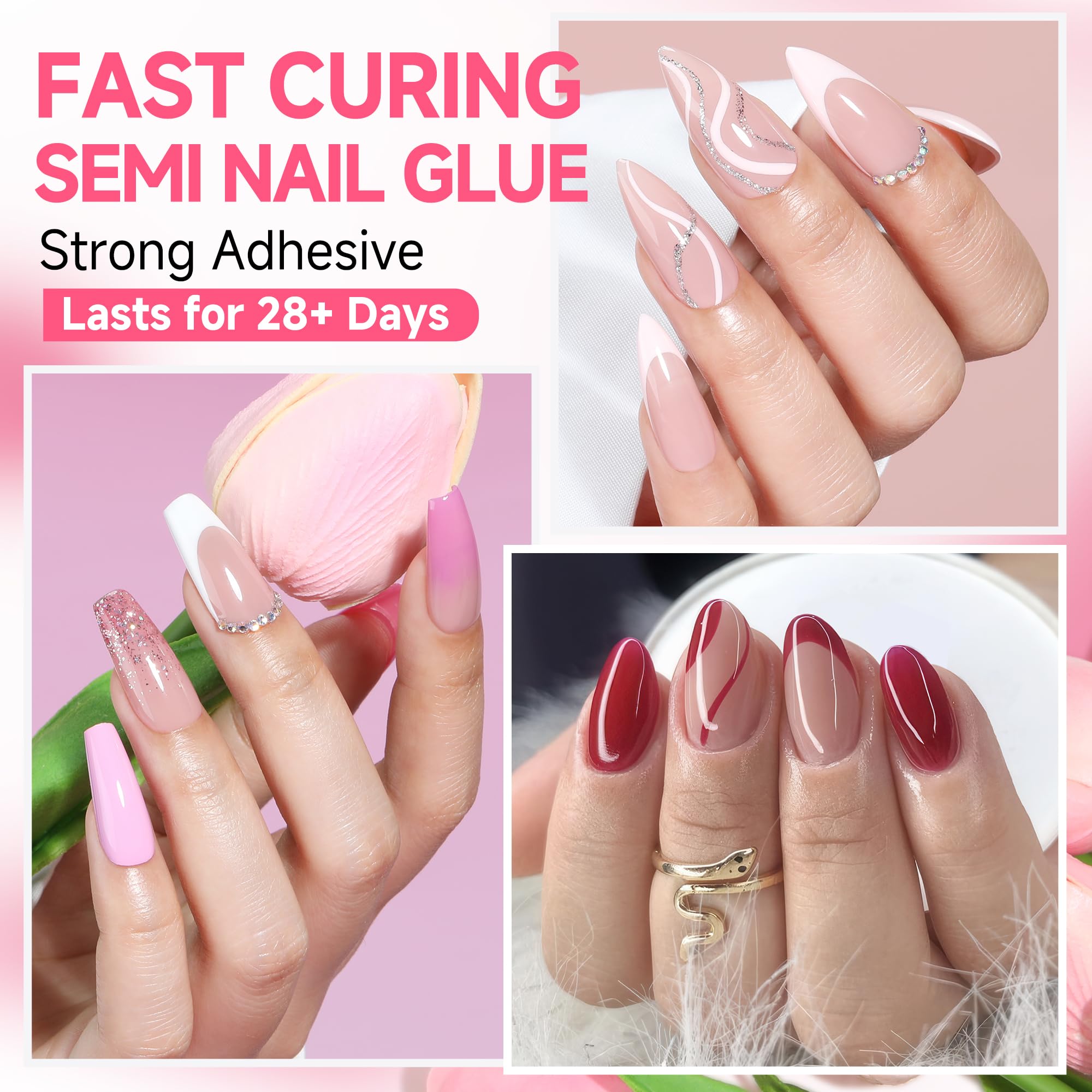 UNA GELLA bottle applying press-on nails with fast-drying formula.