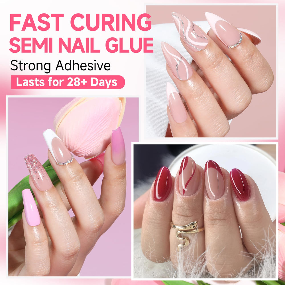 UNA GELLA bottle applying press-on nails with fast-drying formula.