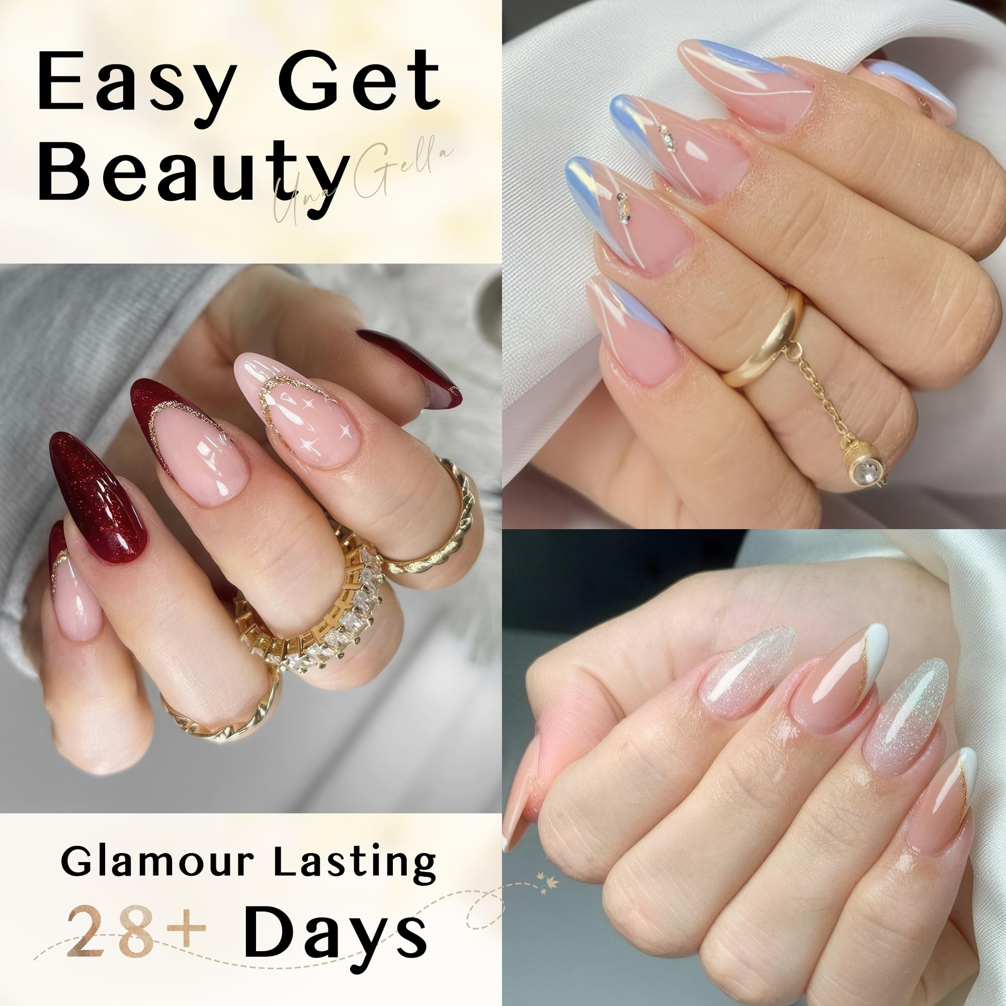 UNA GELLA half-cover almond tips provide comfortable adhesion for natural-looking nails.