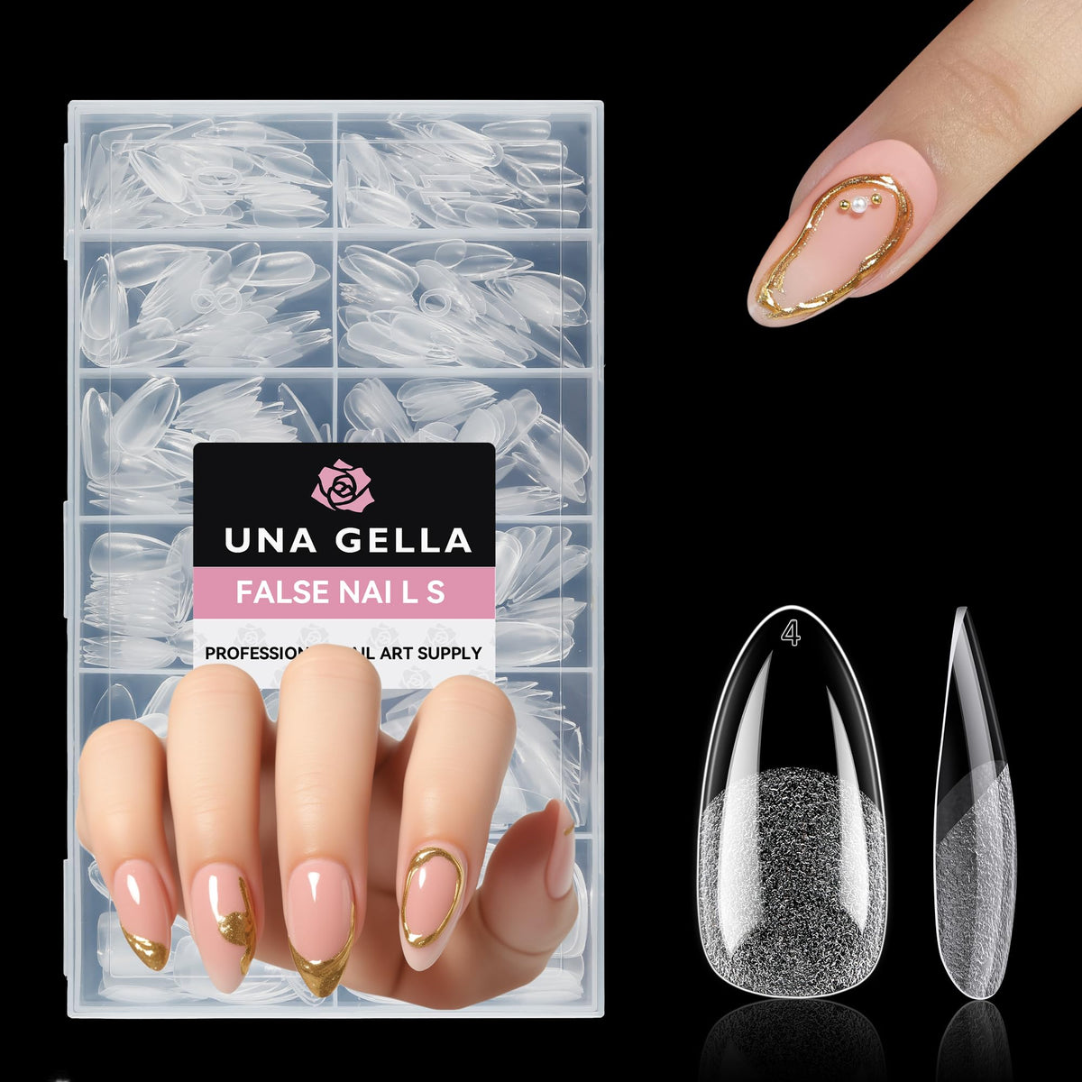 UNA GELLA medium almond nail tips – full cover clear for seamless extensions.