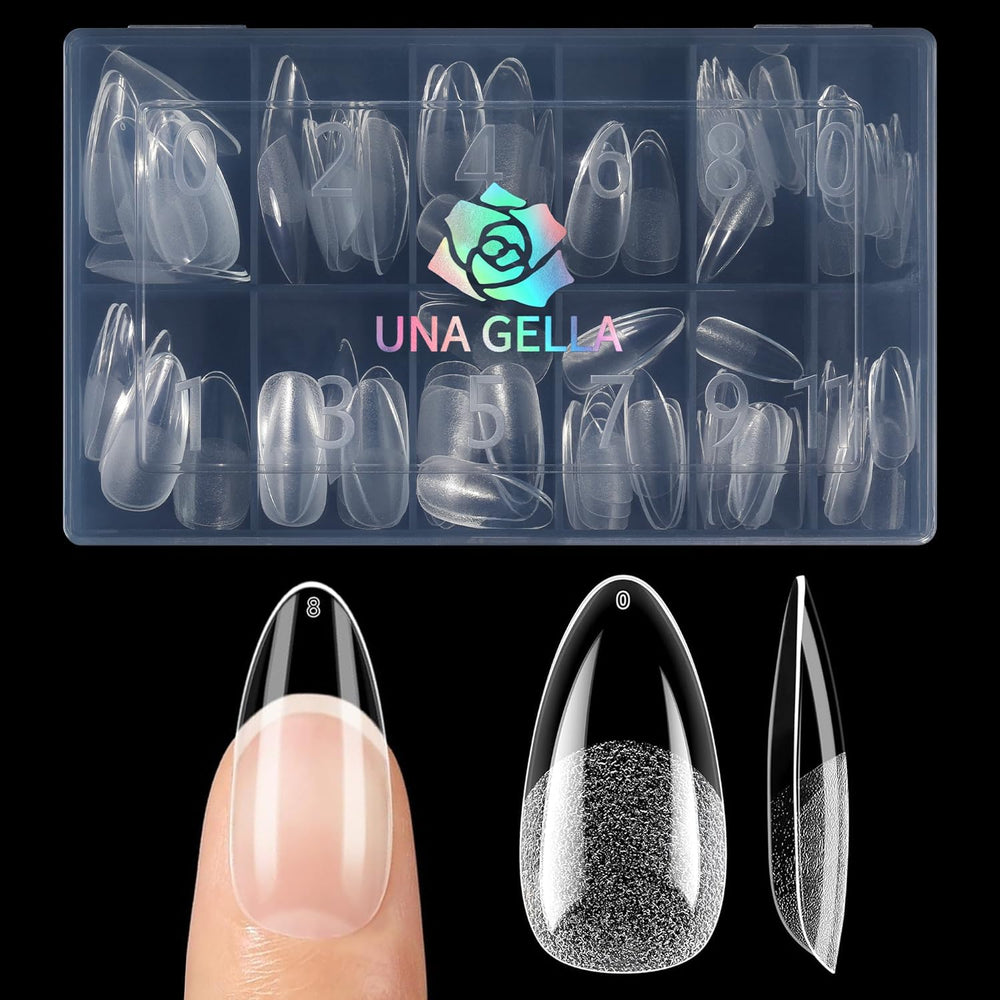 UNA GELLA almond nail tips close-up showing strong adhesion and clear cover.