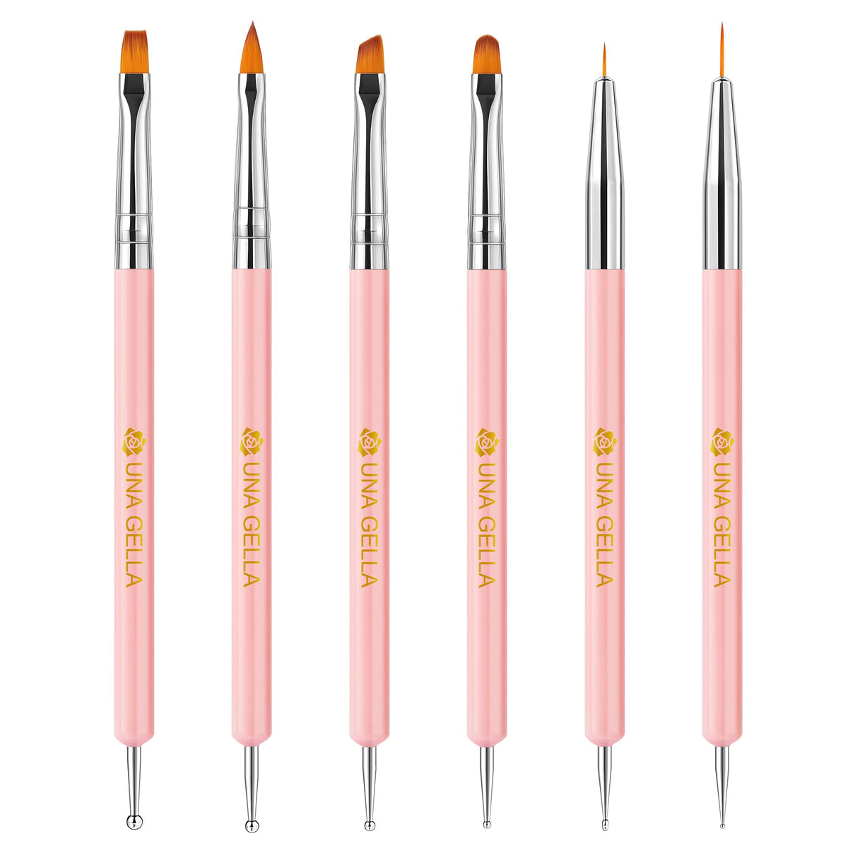 UNA GELLA Nail Art Brushes Set: 6-piece pink kit for versatile DIY nail designs.