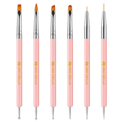 UNA GELLA Nail Art Brushes Set: 6-piece pink kit for versatile DIY nail designs.