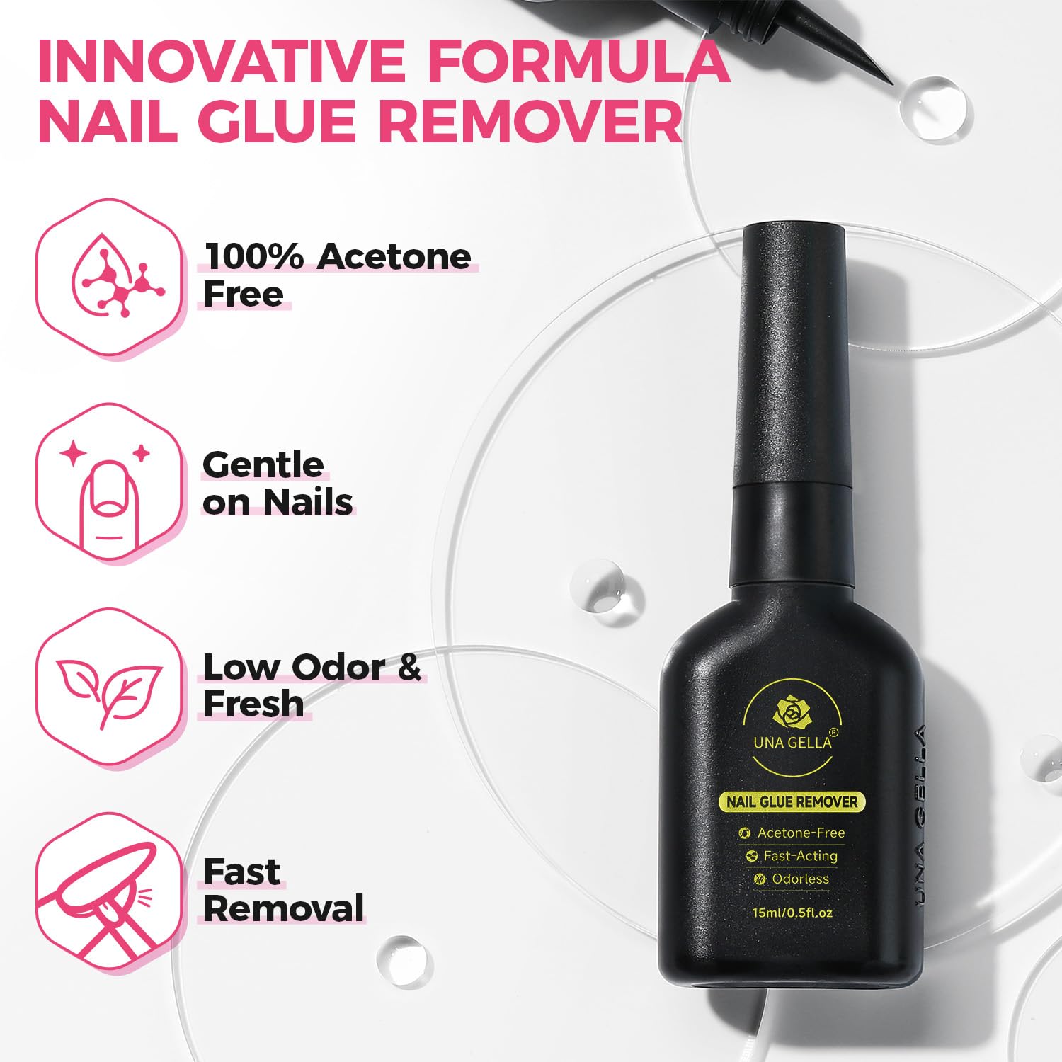 UNA GELLA acetone-free formula is gentle and keeps nails hydrated.