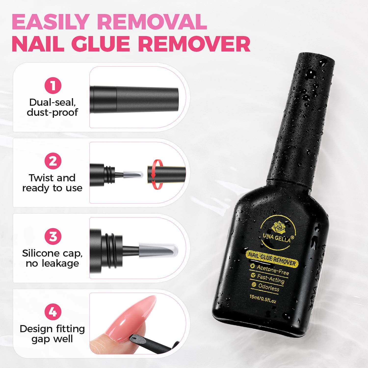 UNA GELLA double-seal cap prevents leaks for travel-friendly use.