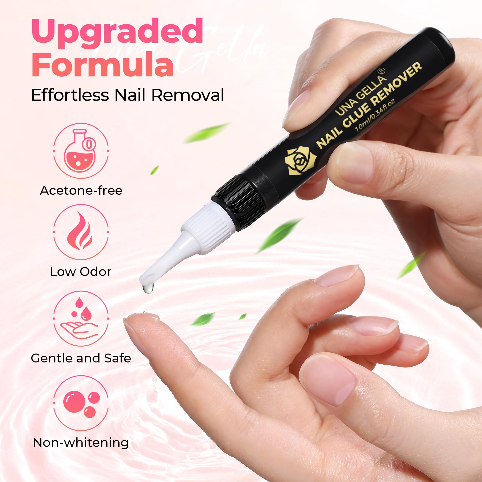UNA GELLA Nail Glue Remover leak-proof cap keeps contents secure during travel.