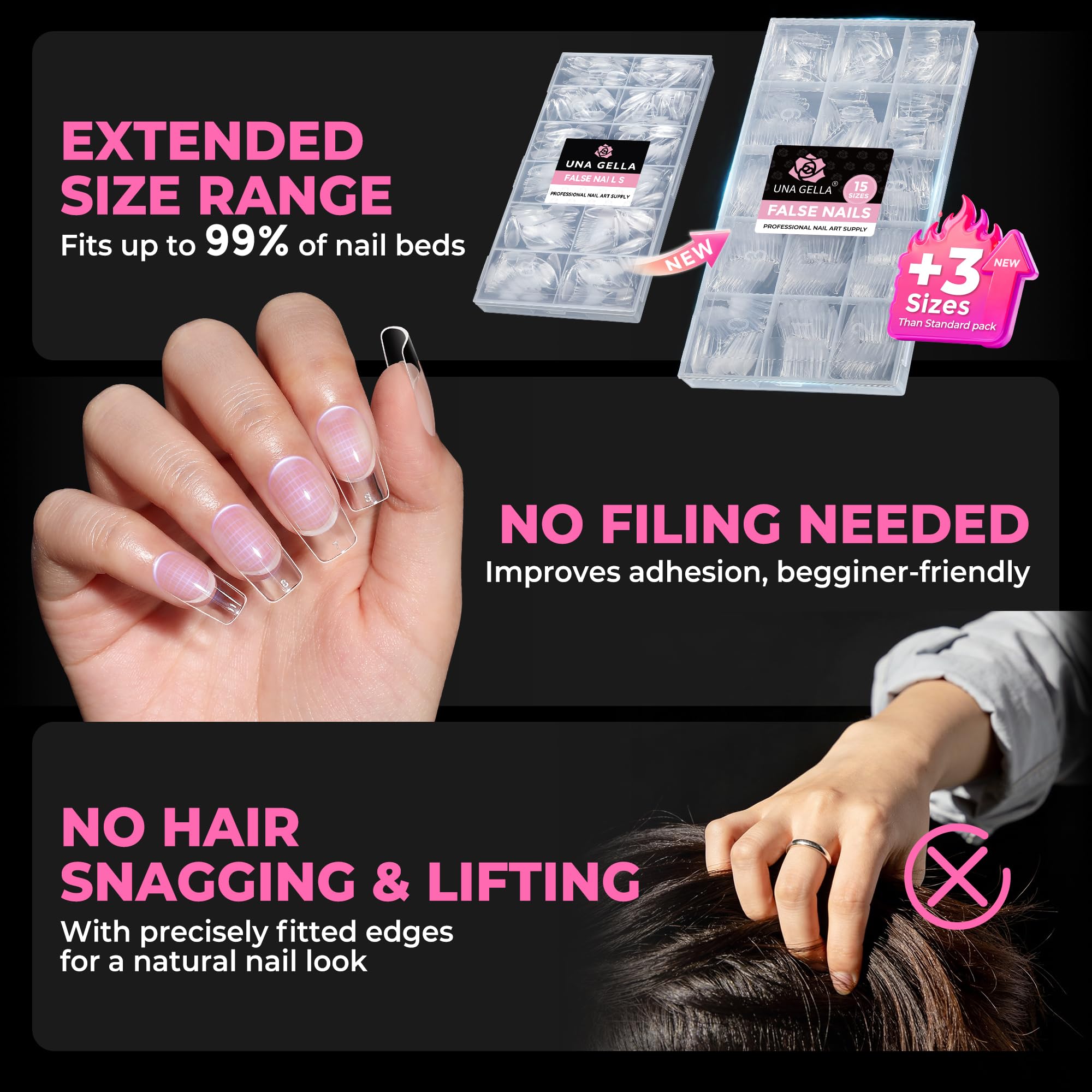 UNA GELLA Nail Tips 15 tallas, ajuste perfecto para uñas