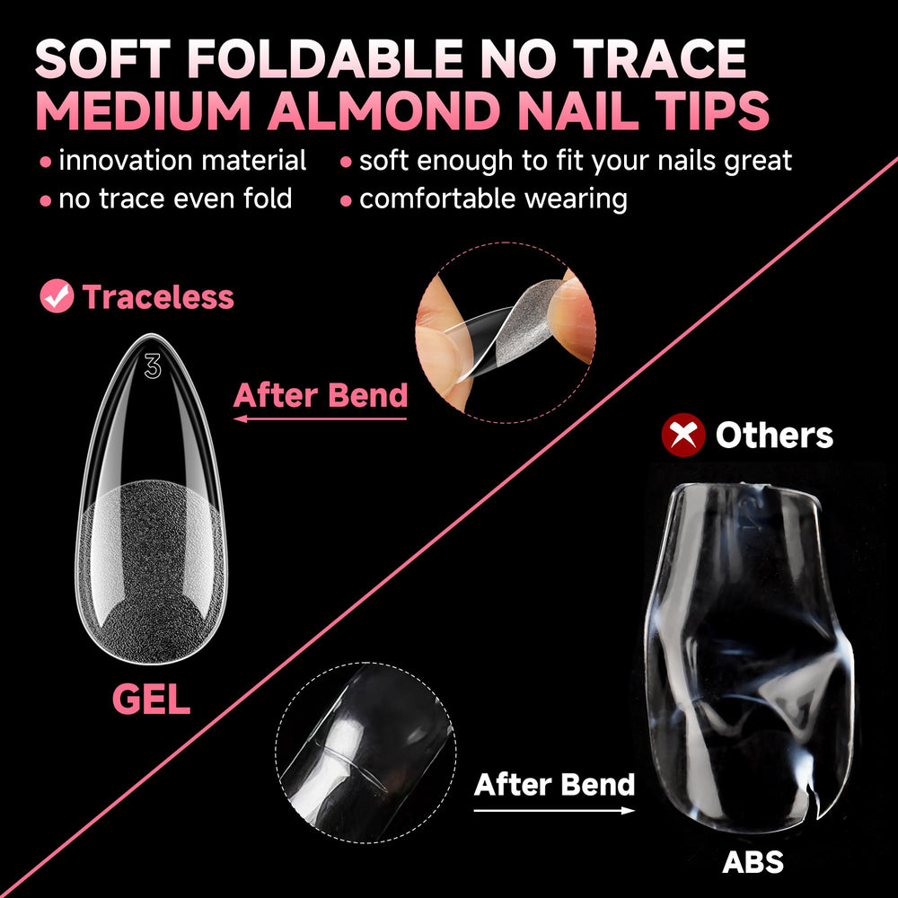UNA GELLA almond tips back edge thin for better nail fit.