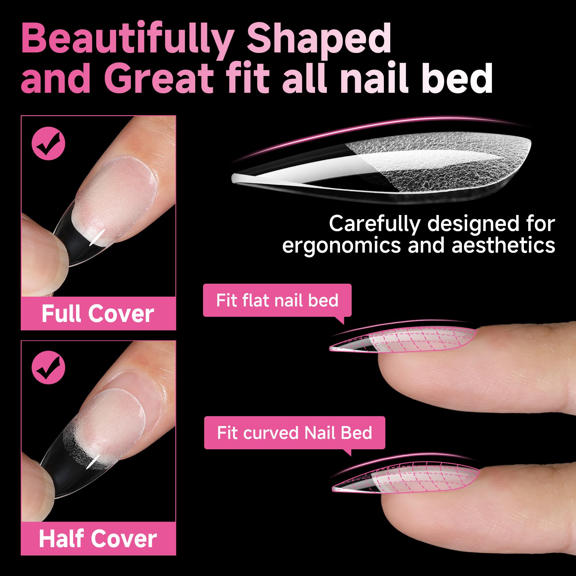 UNA GELLA pre-etched almond tips with natural-fit back edge.