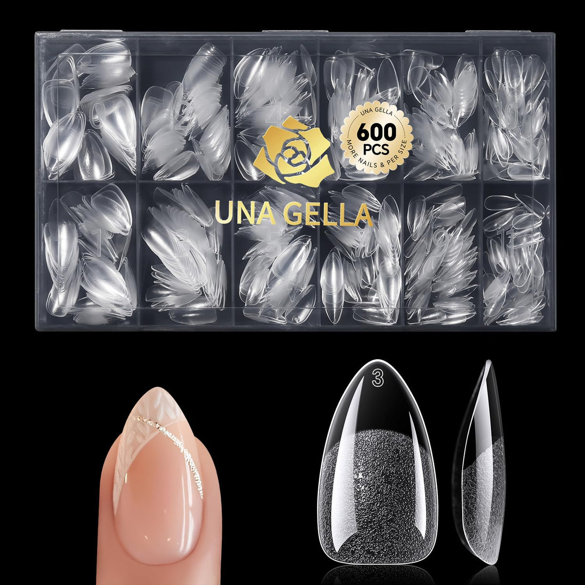 UNA GELLA Puntas almendra cortas en caja, ideal para iniciar un kit de uñas en casa.