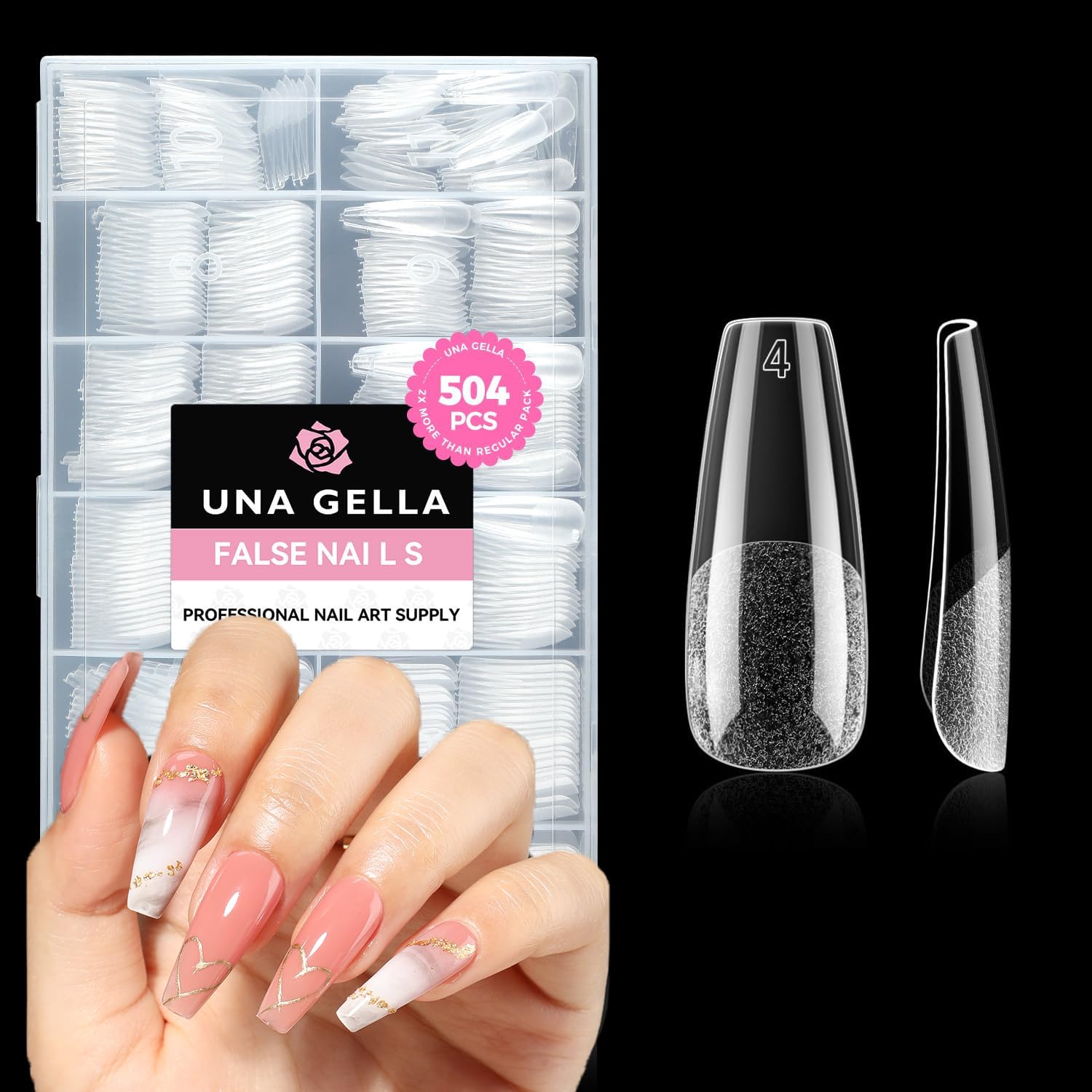 Puntas de uñas UNA GELLA forma ataúd larga, 12 tamaños y dos extras para ajustar.