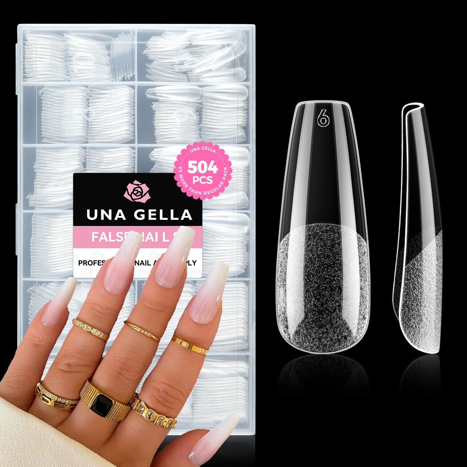 Puntas de uñas UNA GELLA forma ataúd larga, transparentes para un acabado natural.
