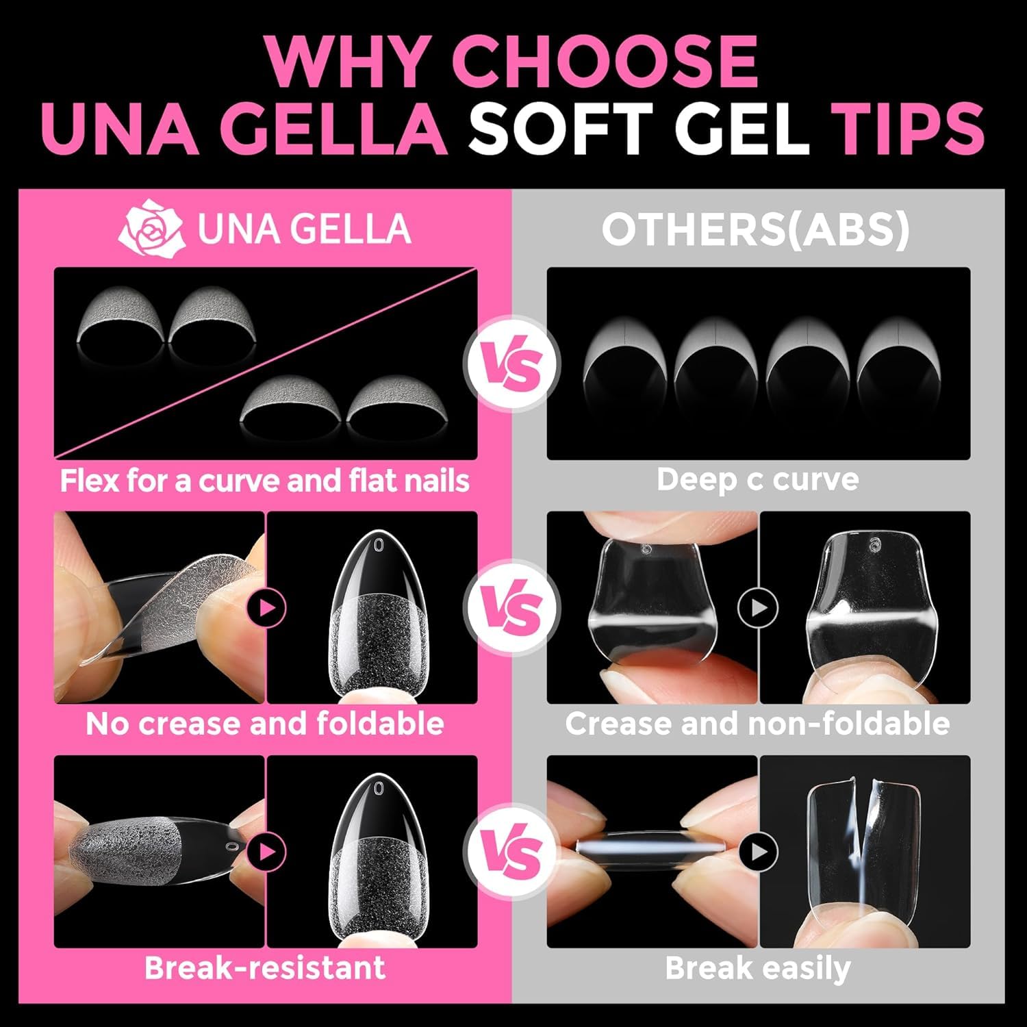 UNA GELLA, puntas uñas almendra, sin rastro al flexionar.