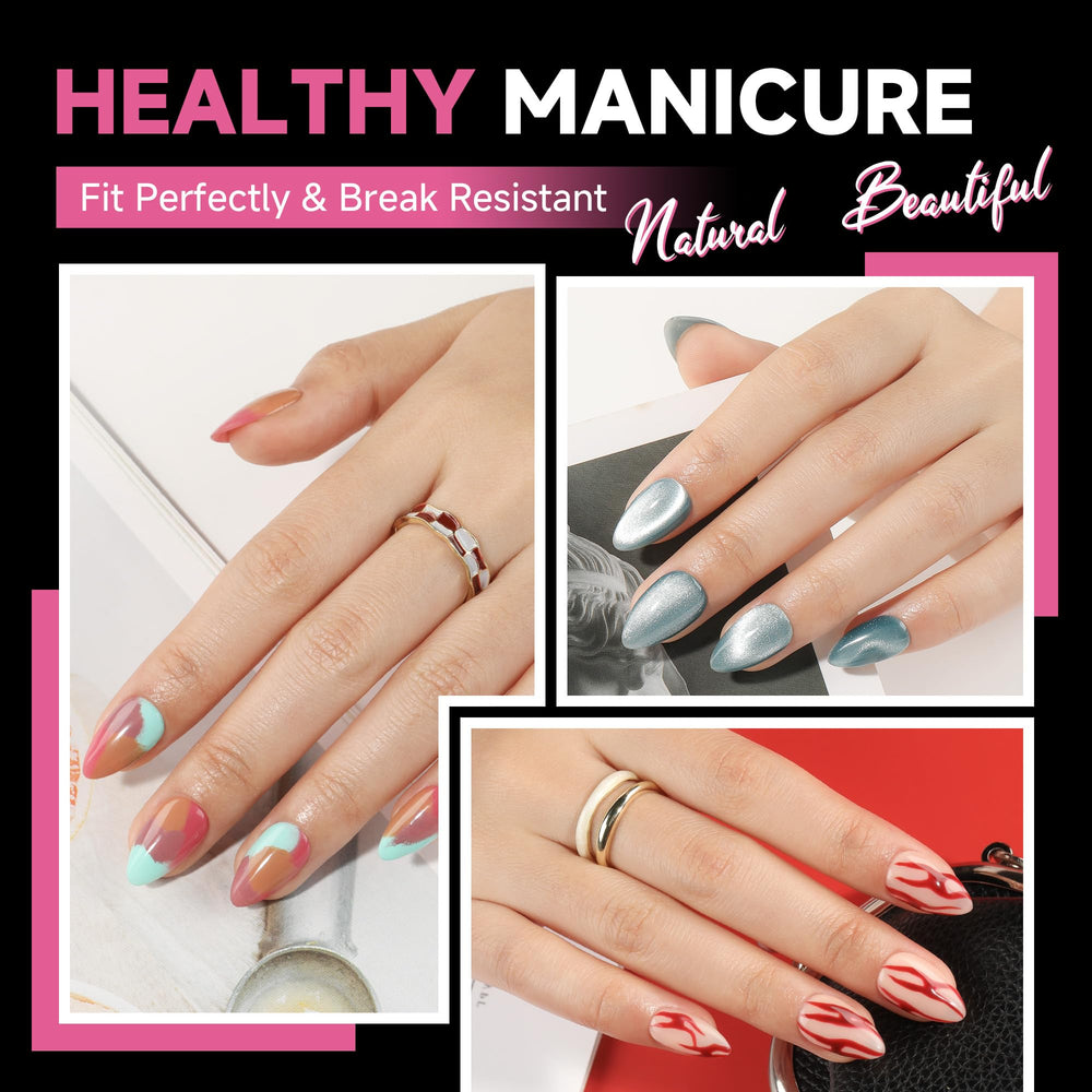UNA GELLA short almond tips offer a clear cover ideal for versatile nail art.