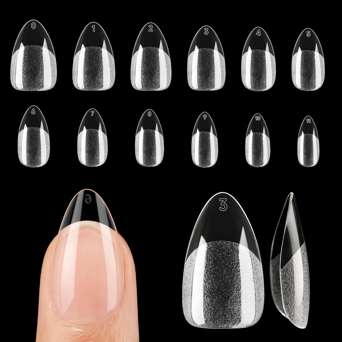 UNA GELLA short almond nail tips with half-matte finish for easy adhesion.