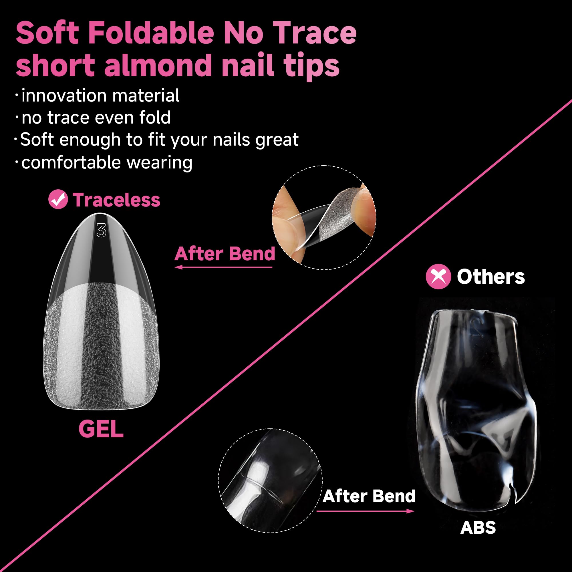 UNA GELLA short almond tips press smoothly with no trace left.