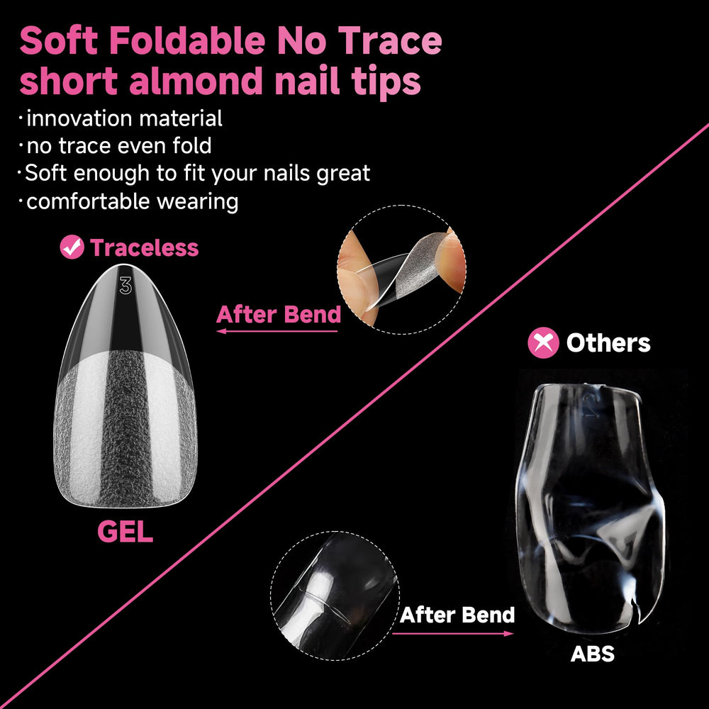 UNA GELLA short almond tips press smoothly with no trace left.