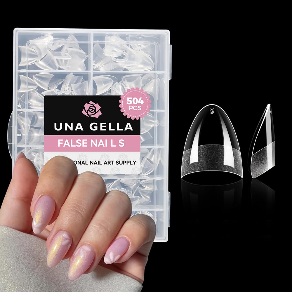 UNA GELLA short almond tips box display for at-home manicure convenience.