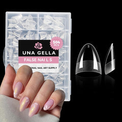 UNA GELLA short almond tips box display for at-home manicure convenience.