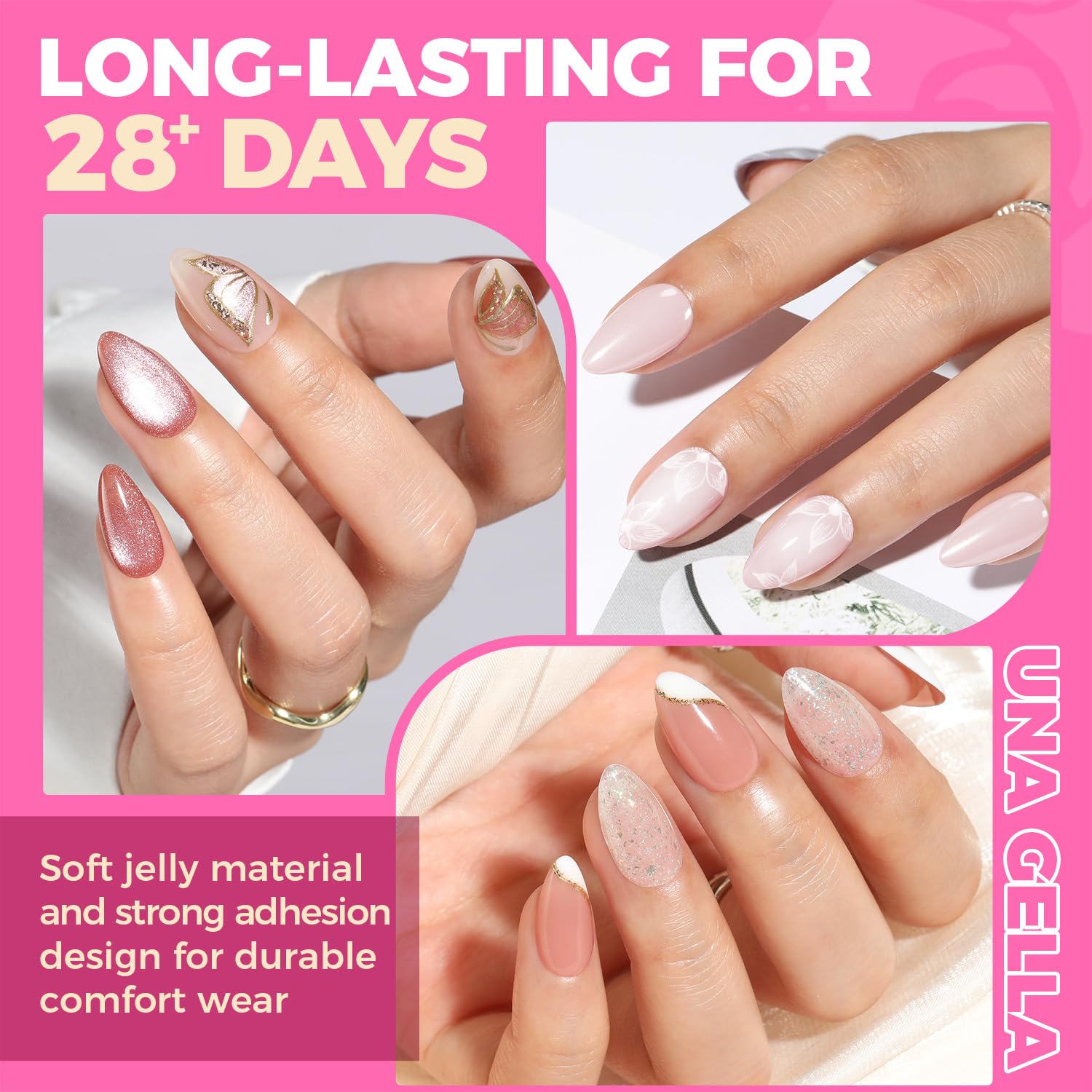 UNA GELLA Short Almond Nail Tips: empaque con 12 tallas para adaptación rápida.