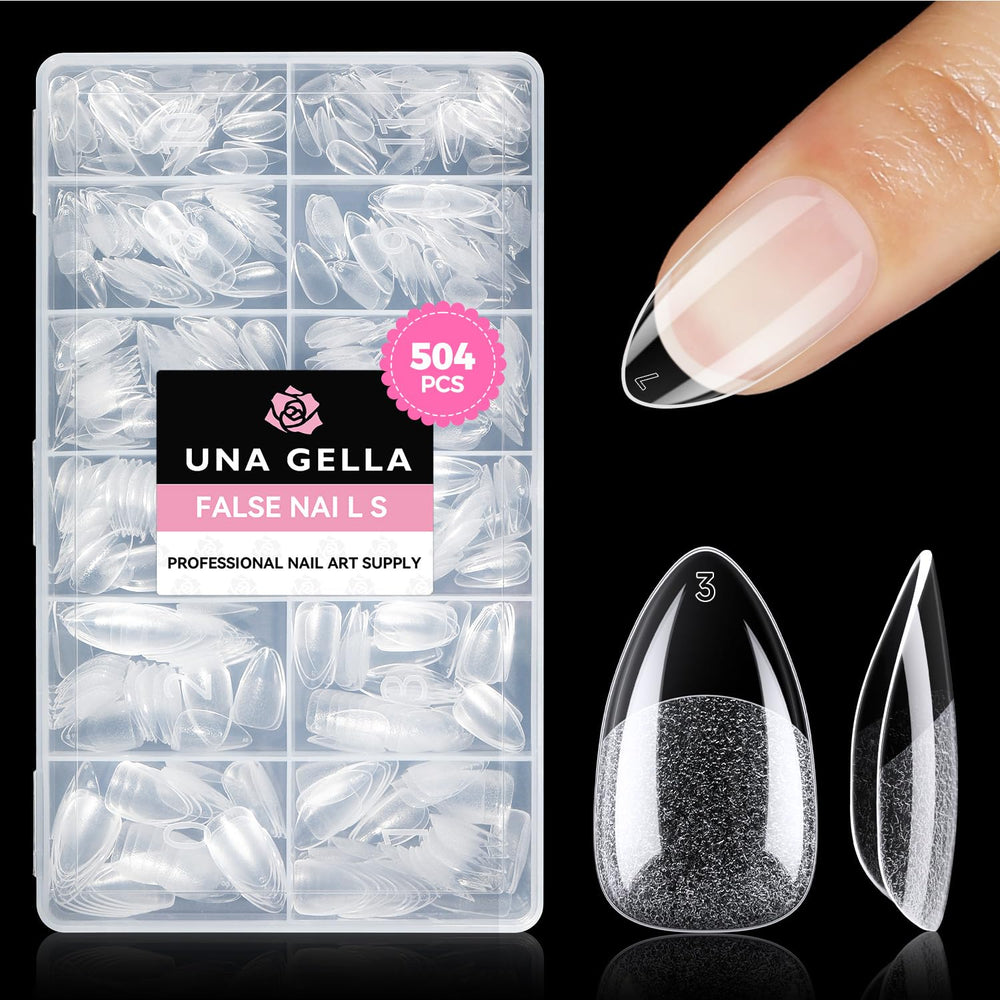 UNA GELLA Short Almond Nail Tips: vista frontal, extensión clara y natural para uñas en casa.