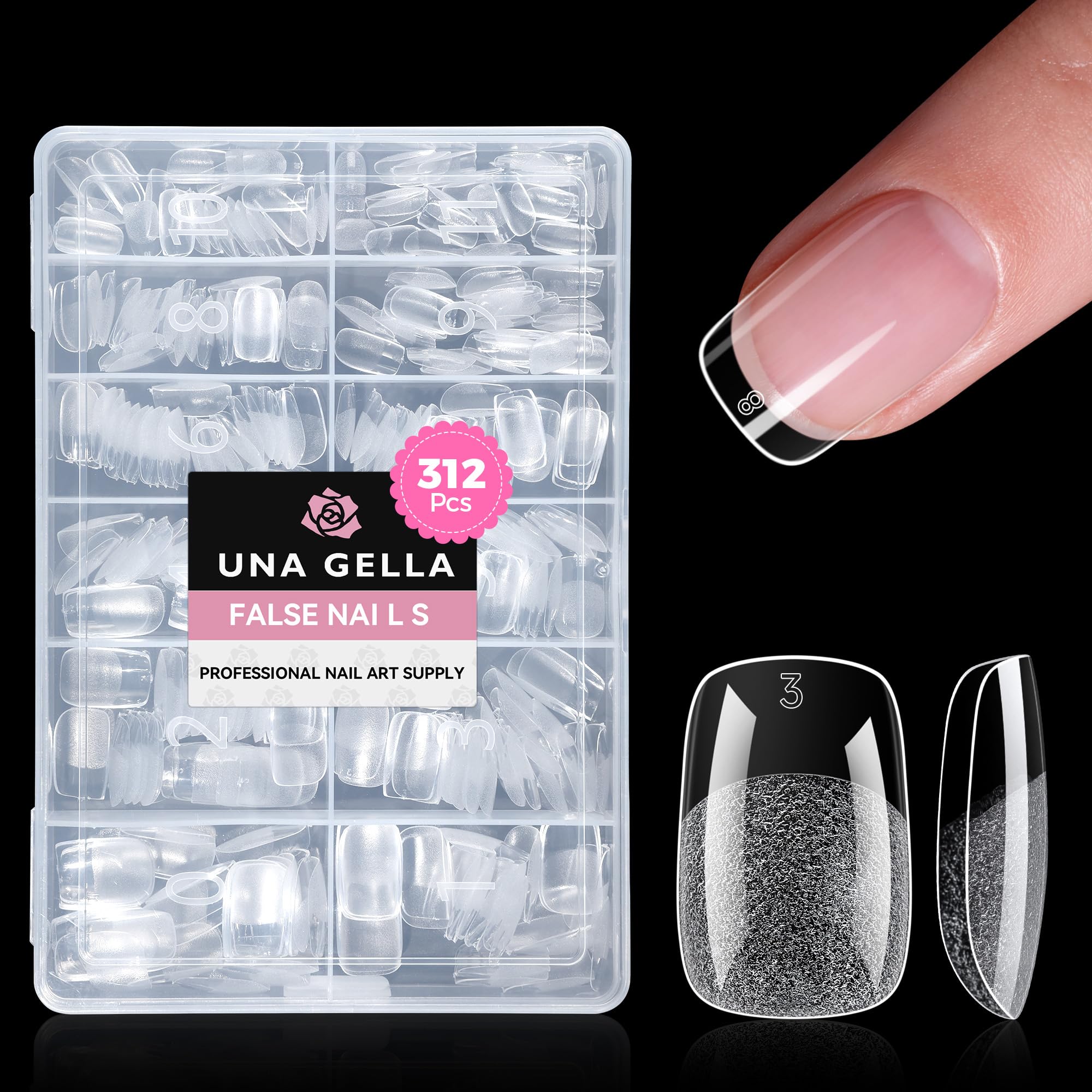 UNA GELLA short-square-squoval tips with crystal-clear outer surface for true color payoff.