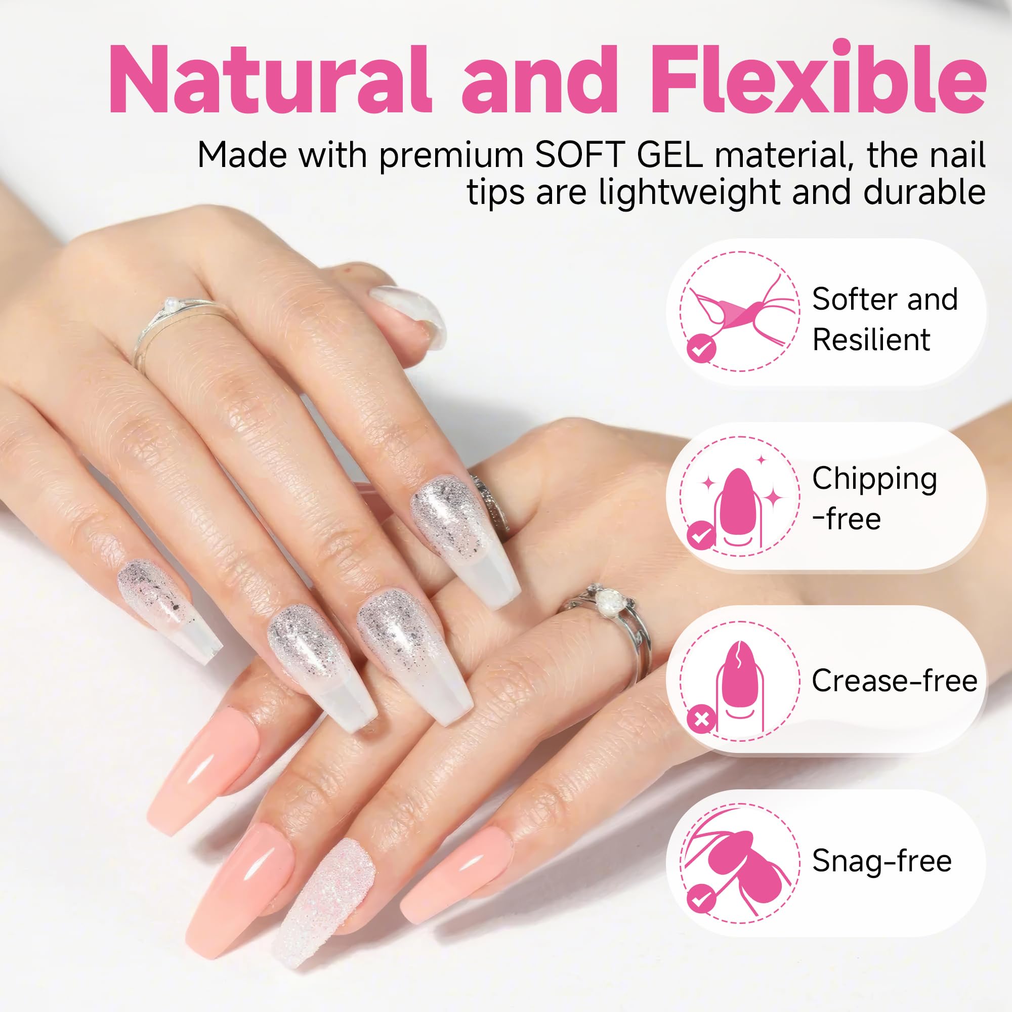 UNA GELLA soft gel material offers flexible wear for comfortable extensions.