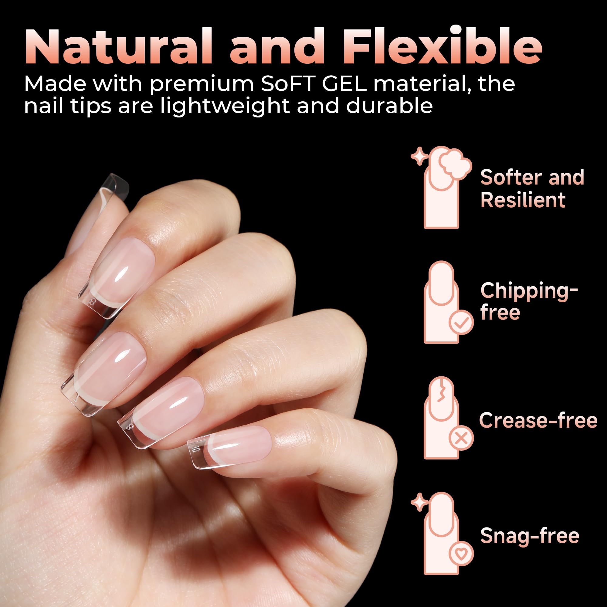 UNA GELLA soft gel tips with matte interior for stronger adhesion.