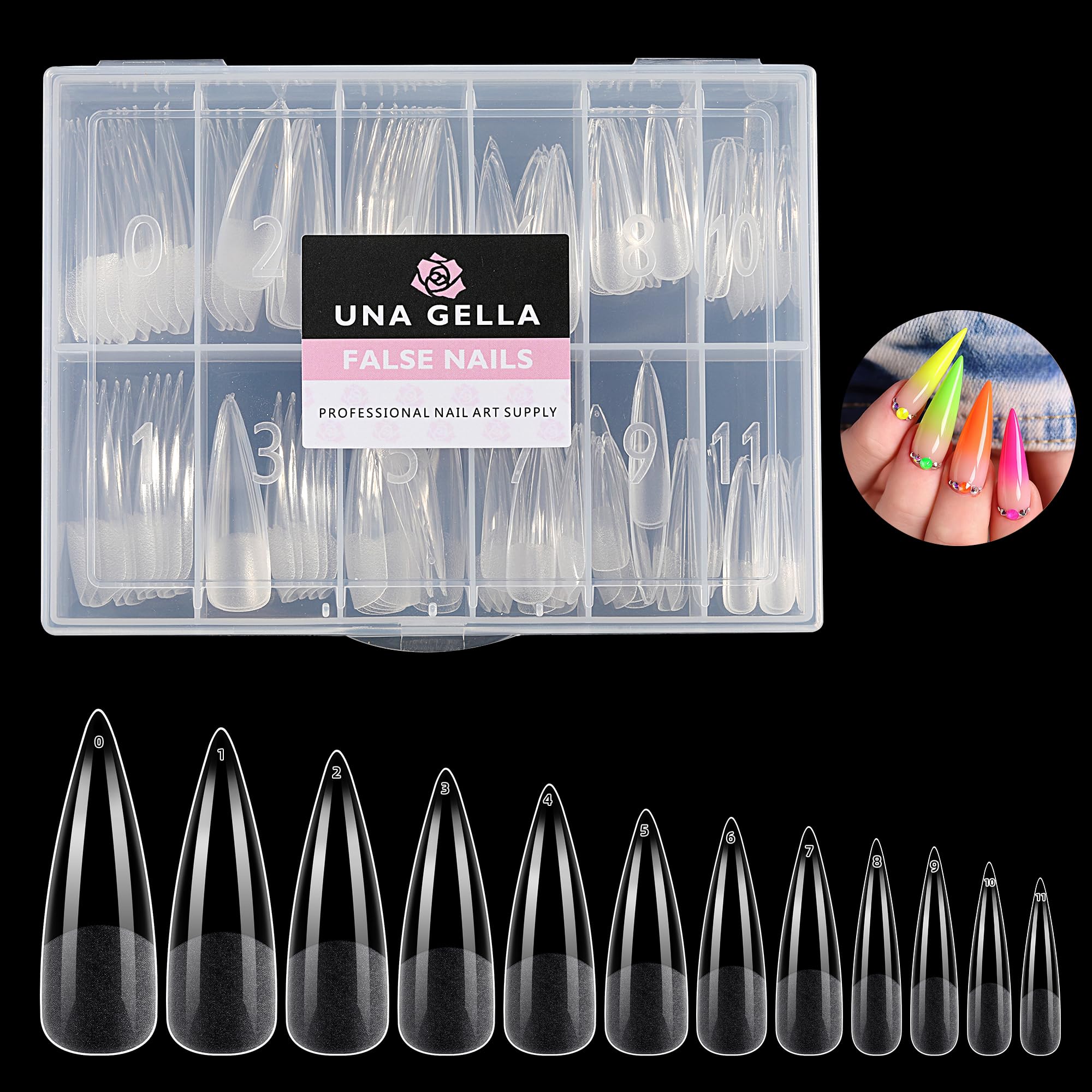 UNA GELLA Stiletto XXL nail tips in full-cover packaging for easy at-home extensions.