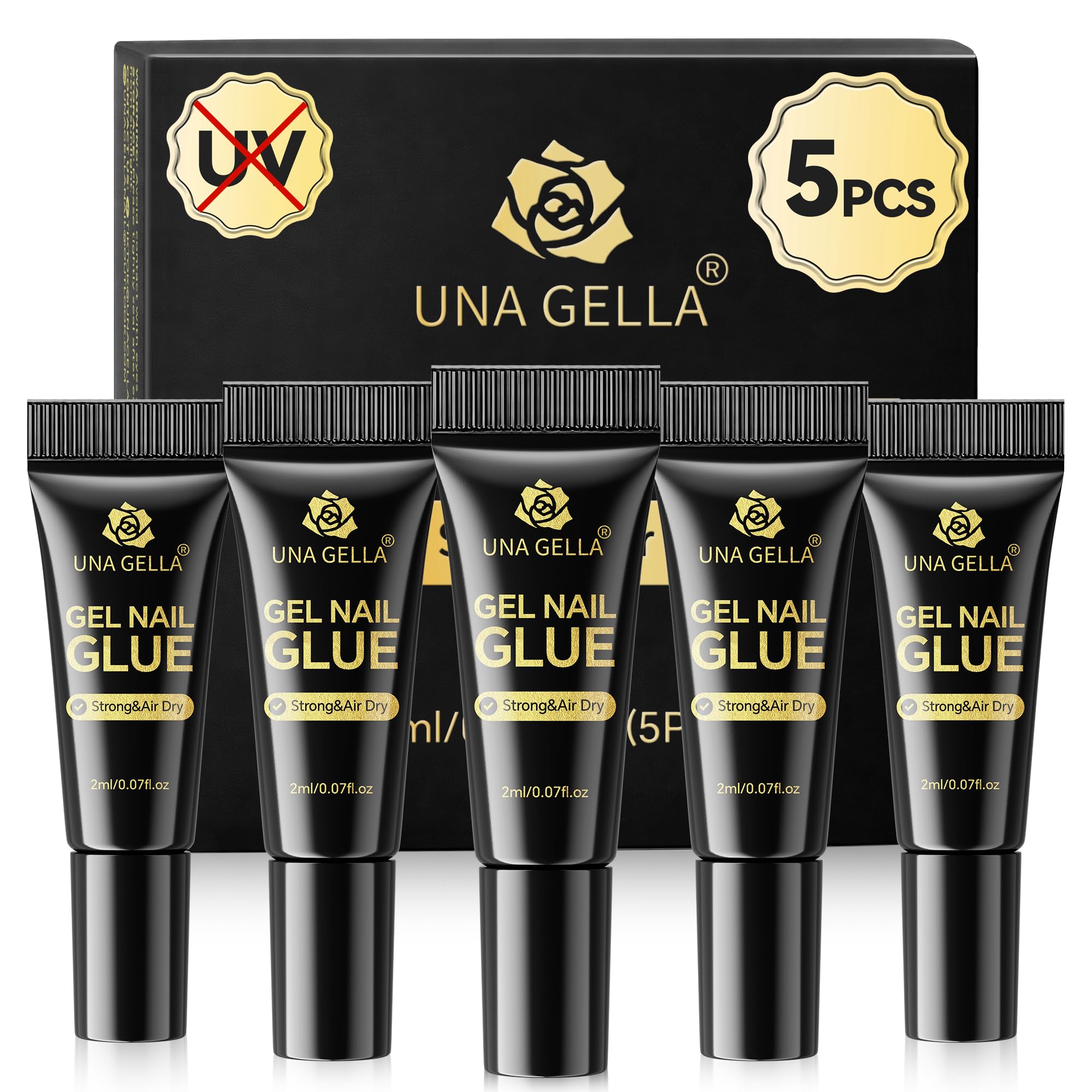 UNA GELLA super-strong nail glue image close-up showing five-pack tubes for quick fixes
