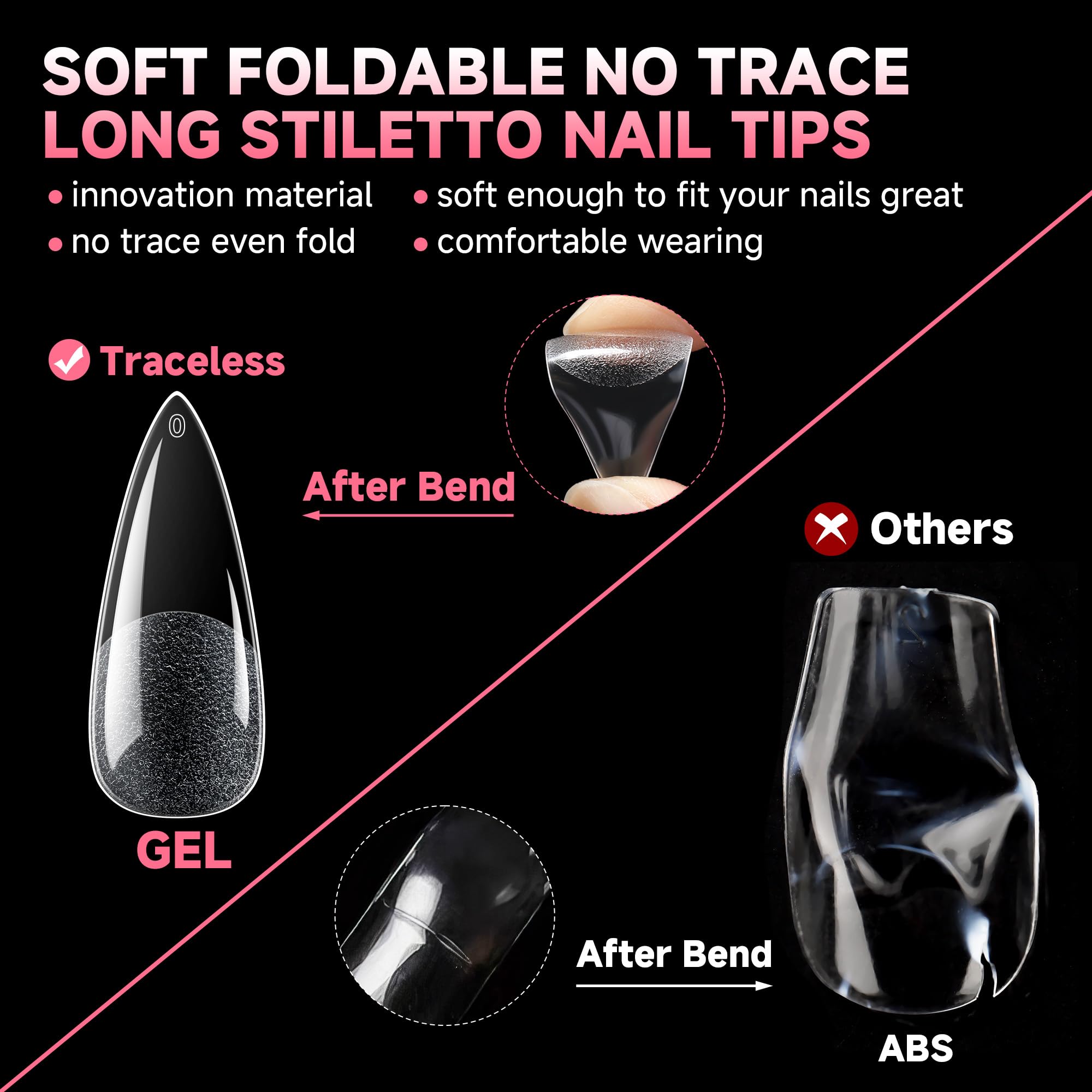 UNA GELLA long stiletto tips with thicker front edge for durability.
