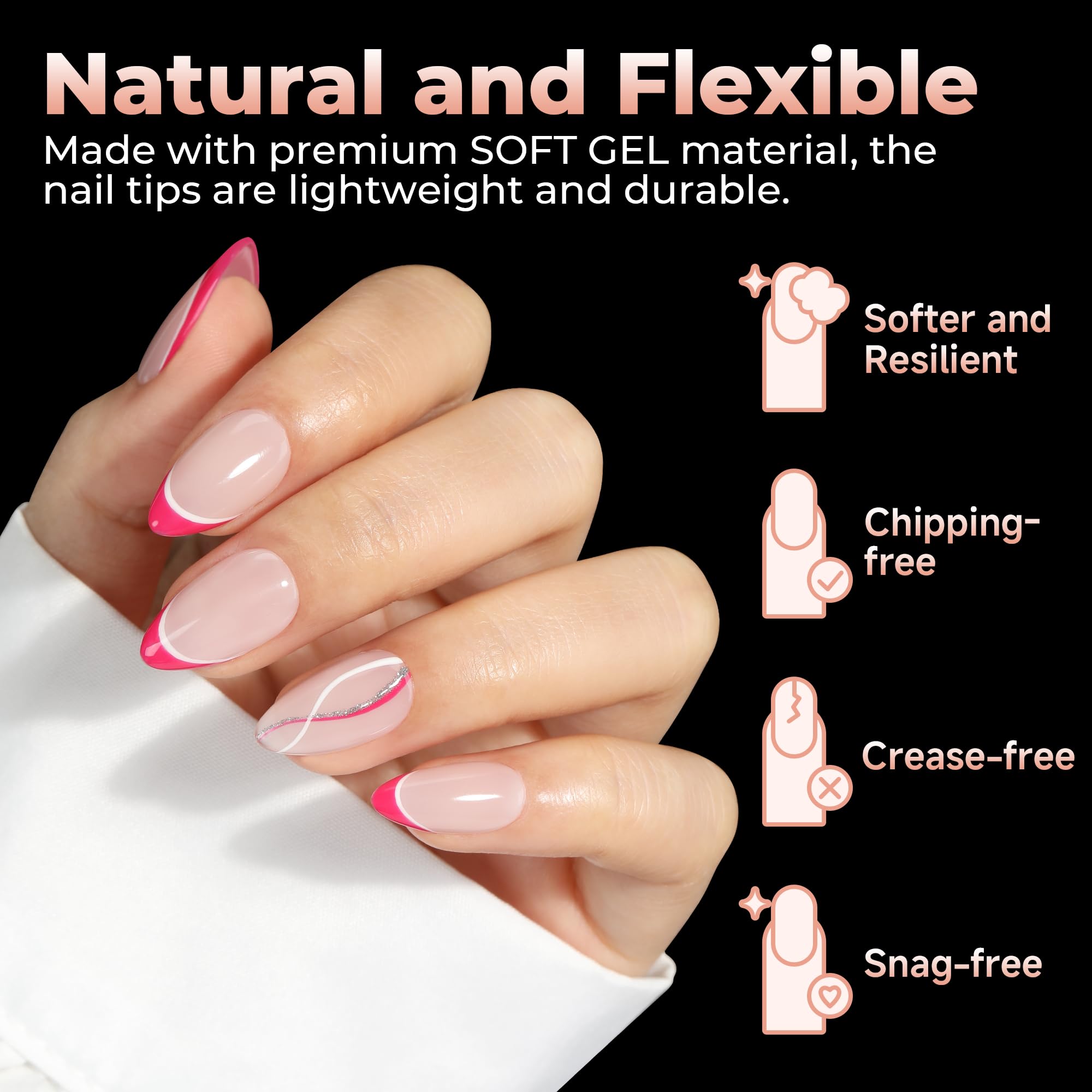 UNA GELLA tips show thick front edge and thin back edge for a snug fit.