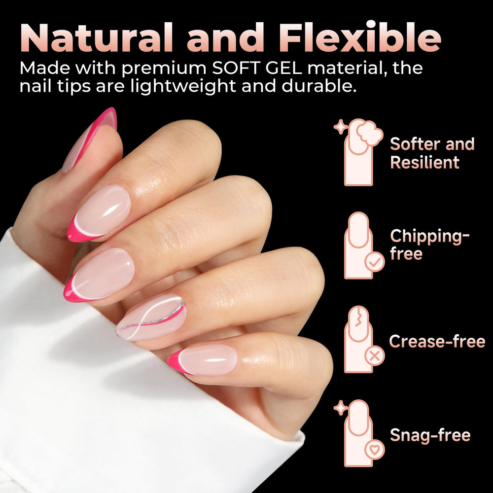 UNA GELLA tips show thick front edge and thin back edge for a snug fit.