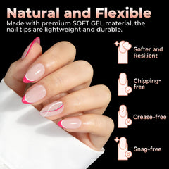 UNA GELLA tips show thick front edge and thin back edge for a snug fit.