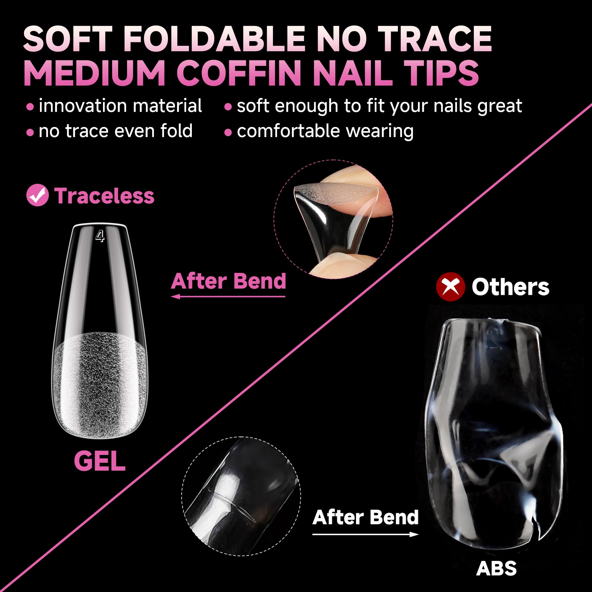 UNA GELLA thin back edge coffin tips fit flat C-curve.