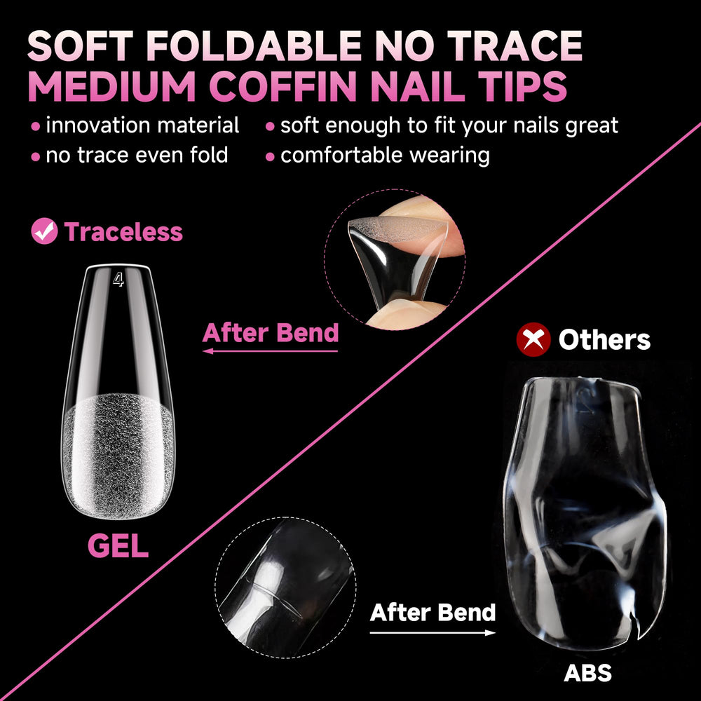 UNA GELLA thin back edge coffin tips fit flat C-curve.