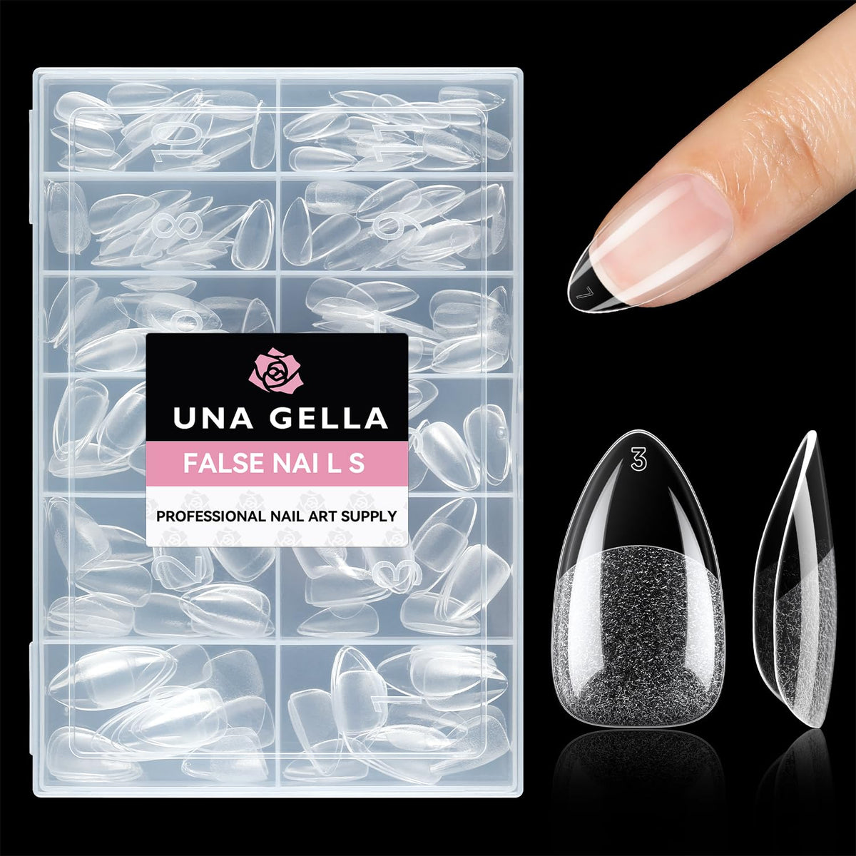 UNA GELLA tip almendra corta transparente para extensión de uñas, aspecto natural