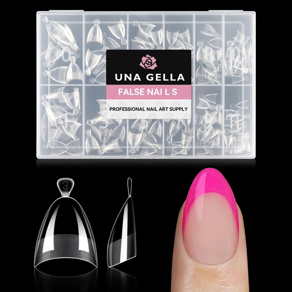 UNA GELLA: vista del empaque con uñas de gel de media cobertura para extensión rápida.