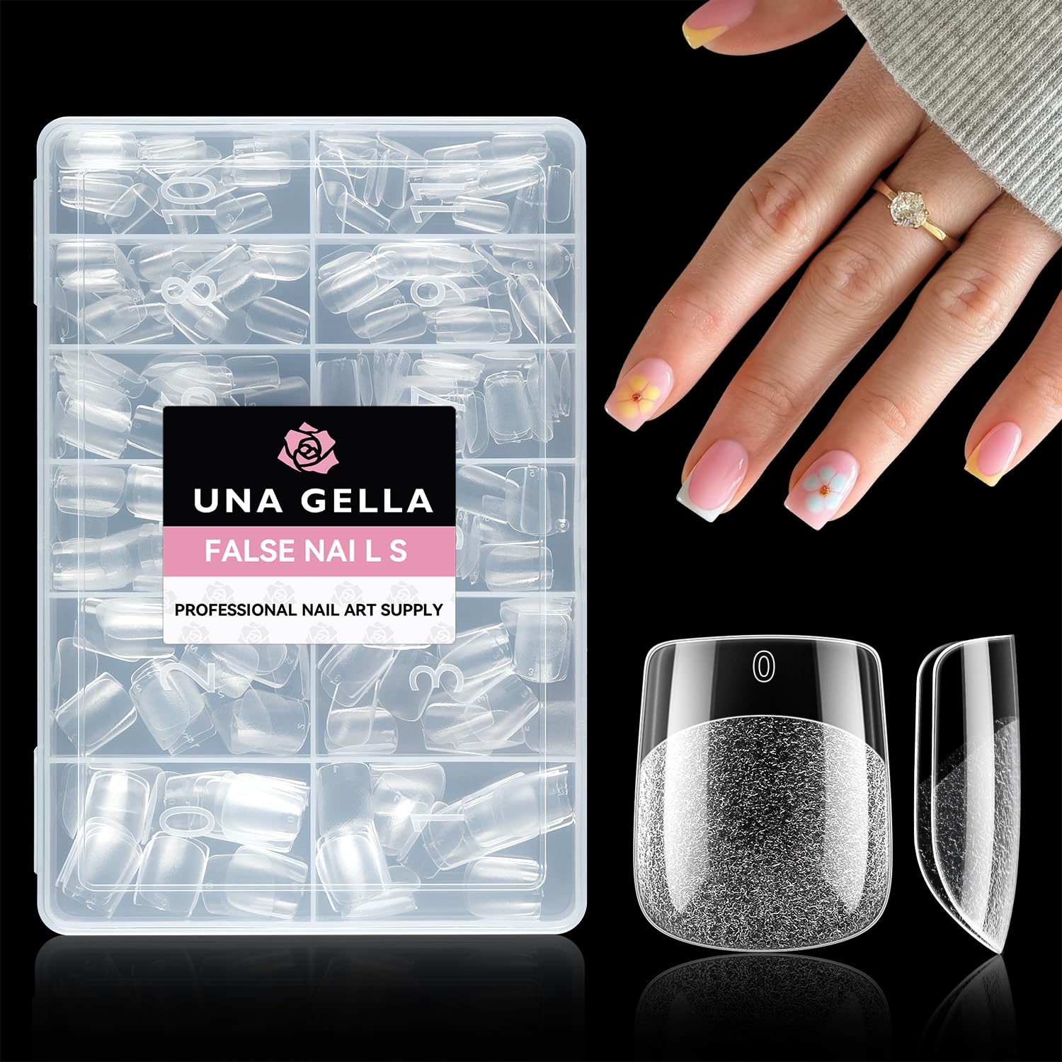 UNA GELLA tips cortos cuadrados 216pcs, empaque visible para manicura casera