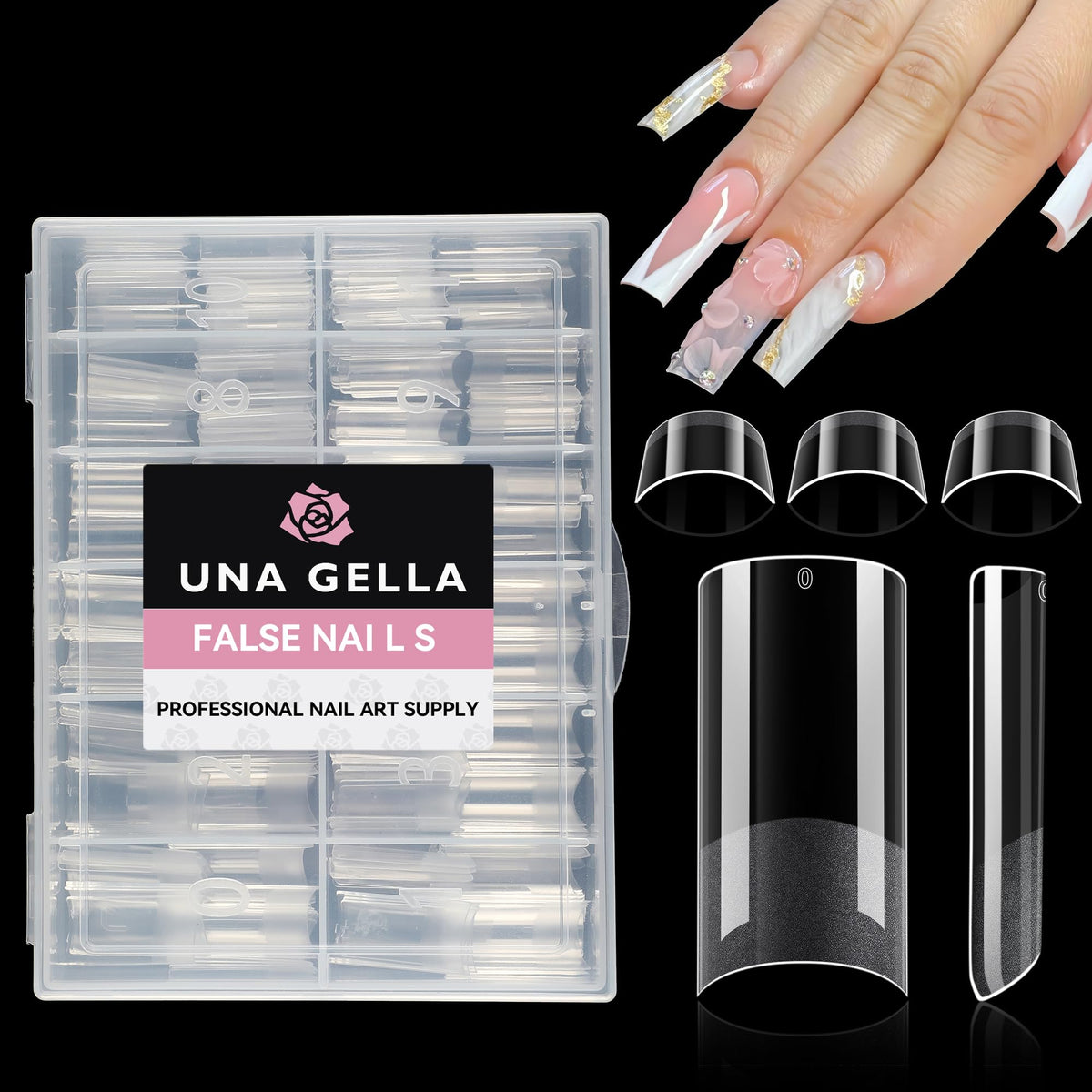 UNA GELLA caja de tips cuadrados sin curva C, lista para usar en casa.