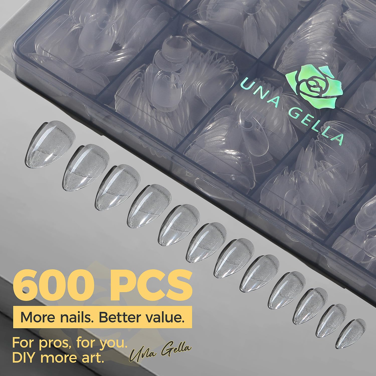 UNA GELLA tips de gel con grabado previo para aplicación rápida.