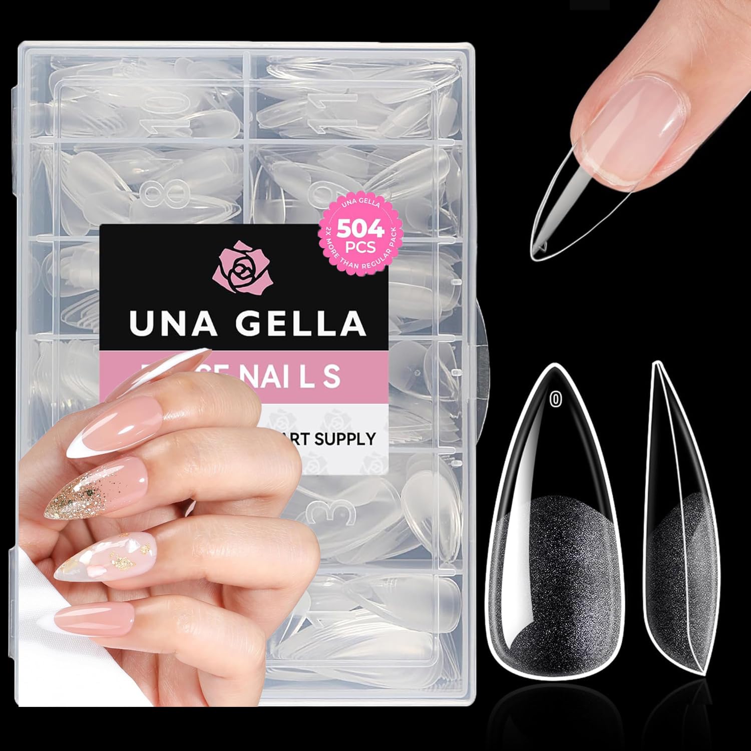 UNA GELLA tips estiletto media traslúcidos: empaque compacto para organizar uñas.