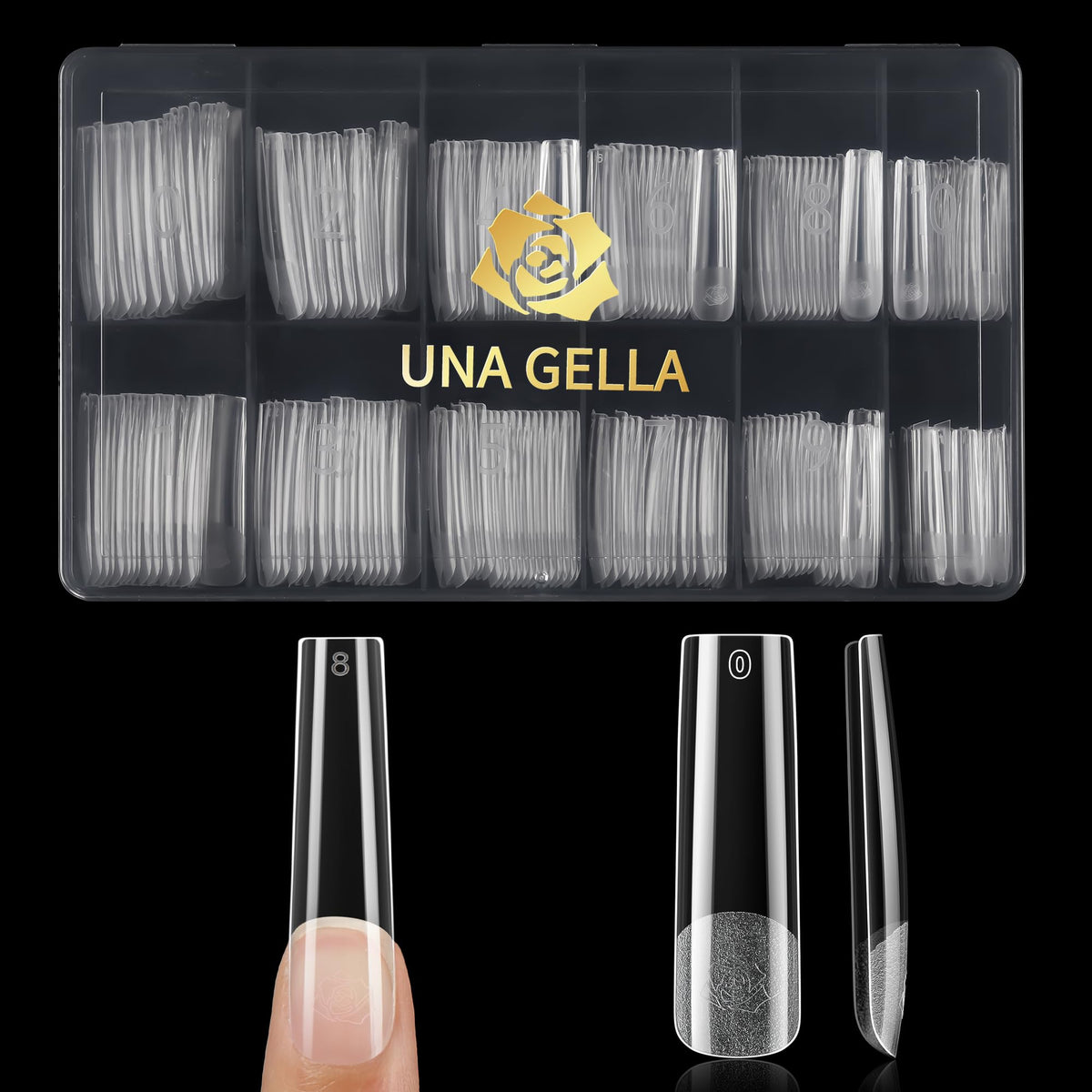 UNA GELLA tips extra largo cuadrado, cobertura total para extensión de uñas.